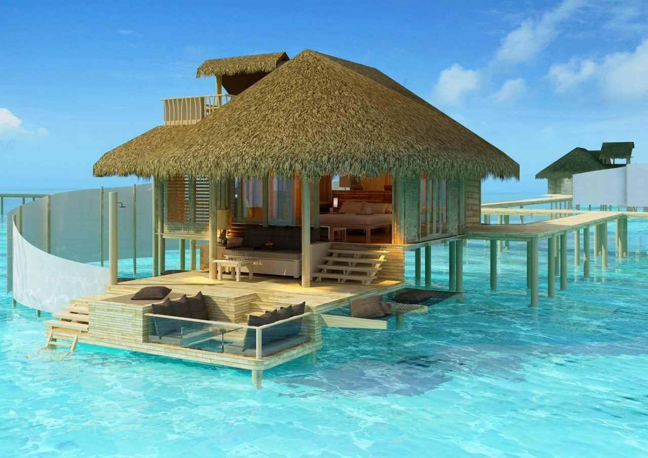 720P, building exterior, sky, thatched roof, nature, house, outdoors, sea, day, tourist resort, Turquoise, wealth, building, waterfront, Bungalow, swimming pool, HD Wallpaper