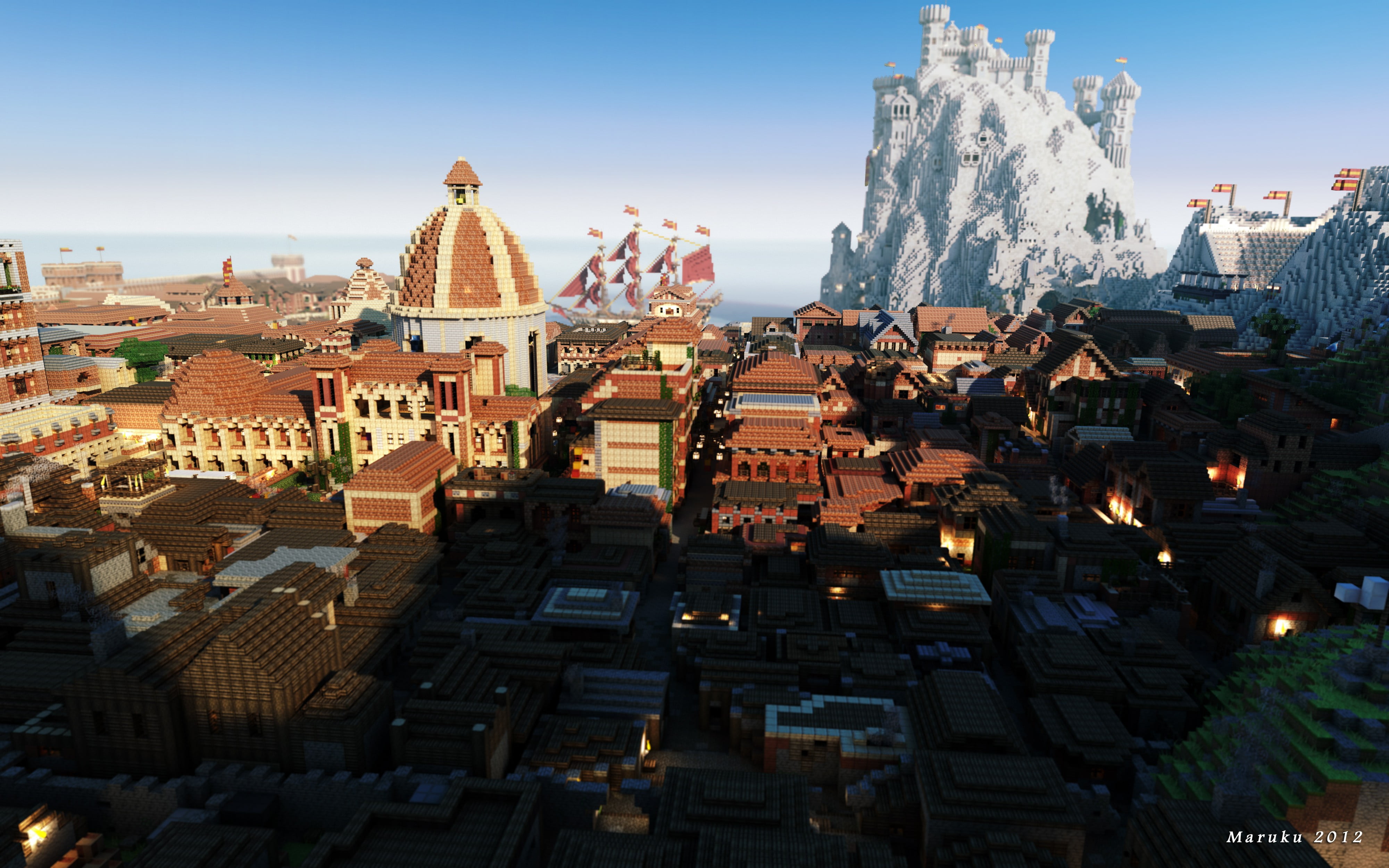 cityscape, concrete, travel, crowd, yellow, Minecraft, brown, 4K, tourism, architecture, religion, place, nature, video games, sky, building exterior, HD Wallpaper
