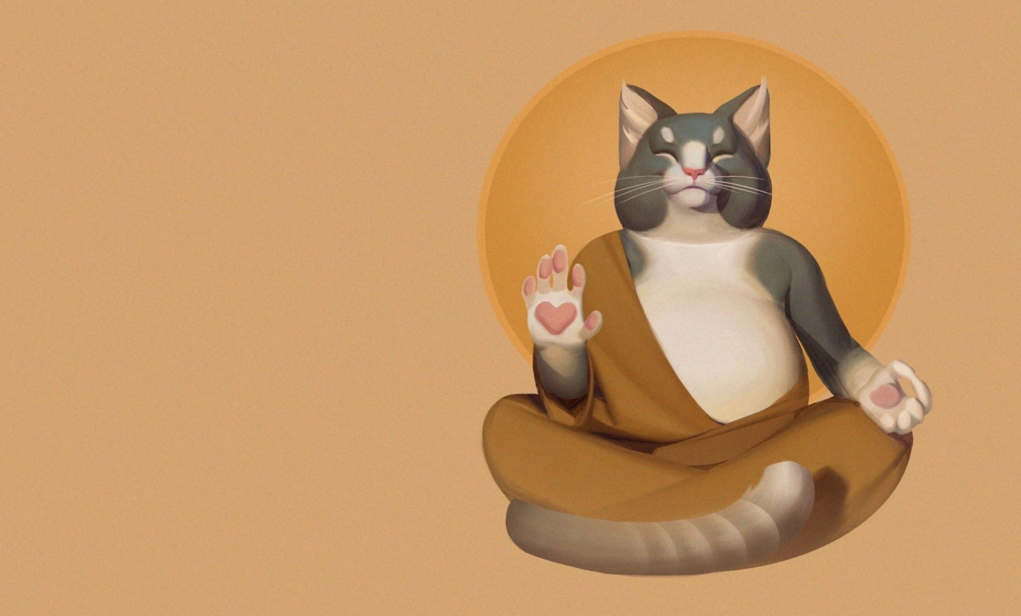 Alexandra Frantseva, art, monk, cat, 1080P, the sun, Cat Im a kitty cat, asana, Nirvana, HD Wallpaper