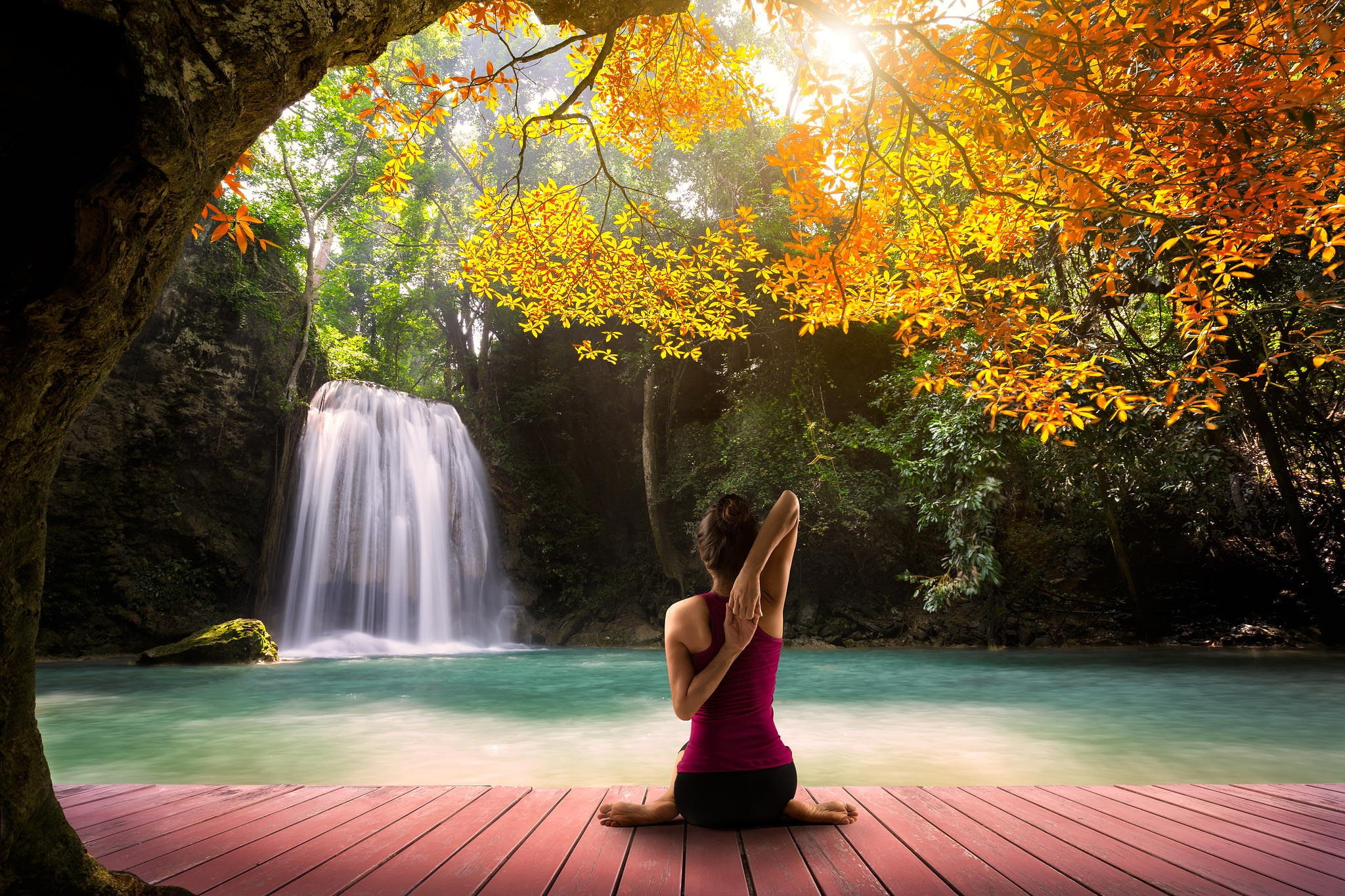 yellow, asana, white, trees, 1080P, orange, female, hatha, lagoon, model, autumn, yoga, pink, waterfall, beautiful, green, HD Wallpaper