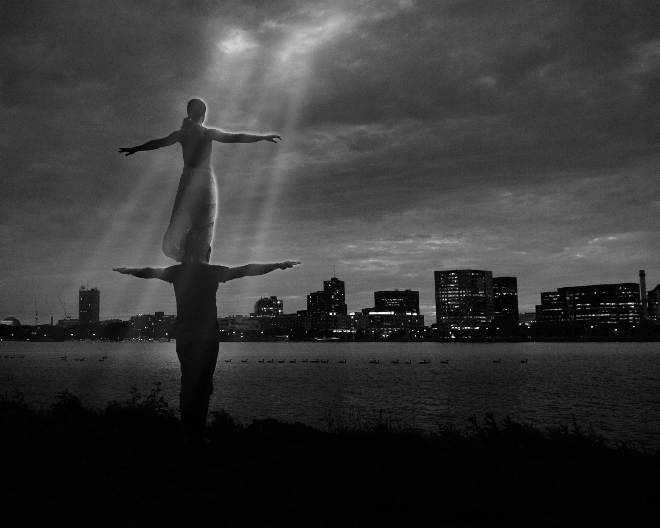 mans, building exterior, female, one person, people, human arm, acro yoga, yoga, acro, office building exterior, 1080P, cloud - sky, arms raised, together, HD Wallpaper