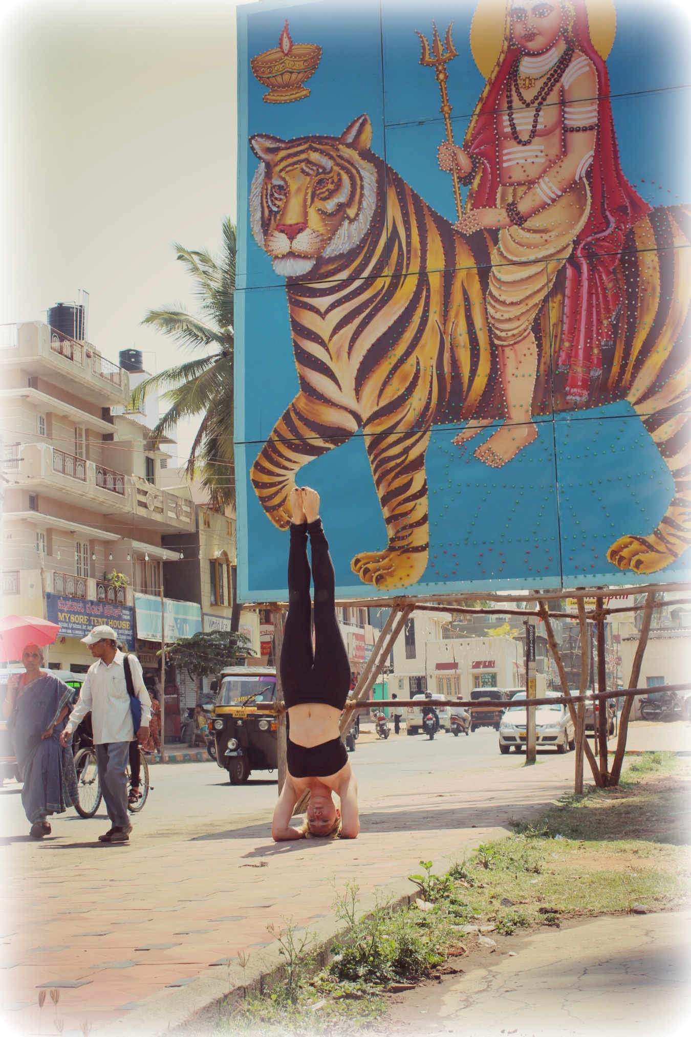 1080P, stretch, lifestyles, class, representation, riding, mural, mode of transportation, healthy, asana, day, travel, beautiful, zen-like, headstand, Phone HD Wallpaper