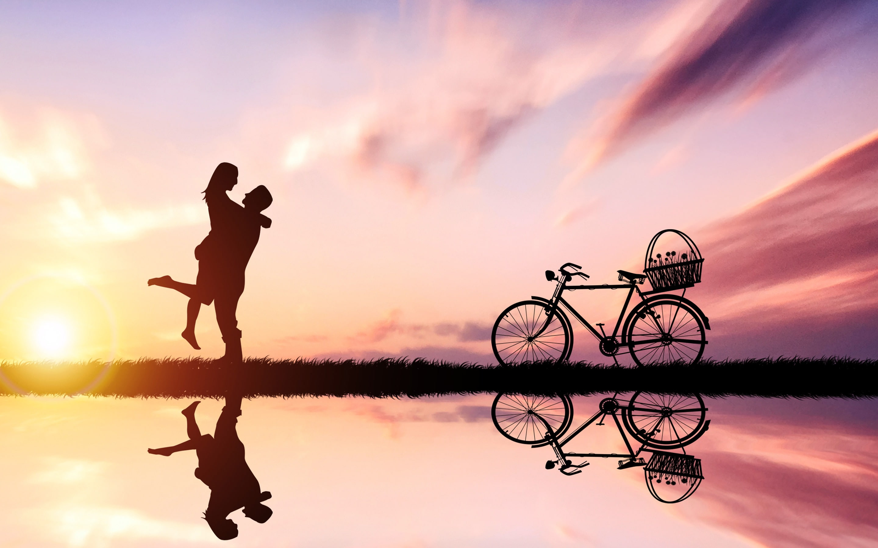 sky, leisure activity, women, reflection, standing, lake, real people, tranquility, silhouet, bicycle, silhouette, couple, outdoors, orange color, full length, HD Wallpaper
