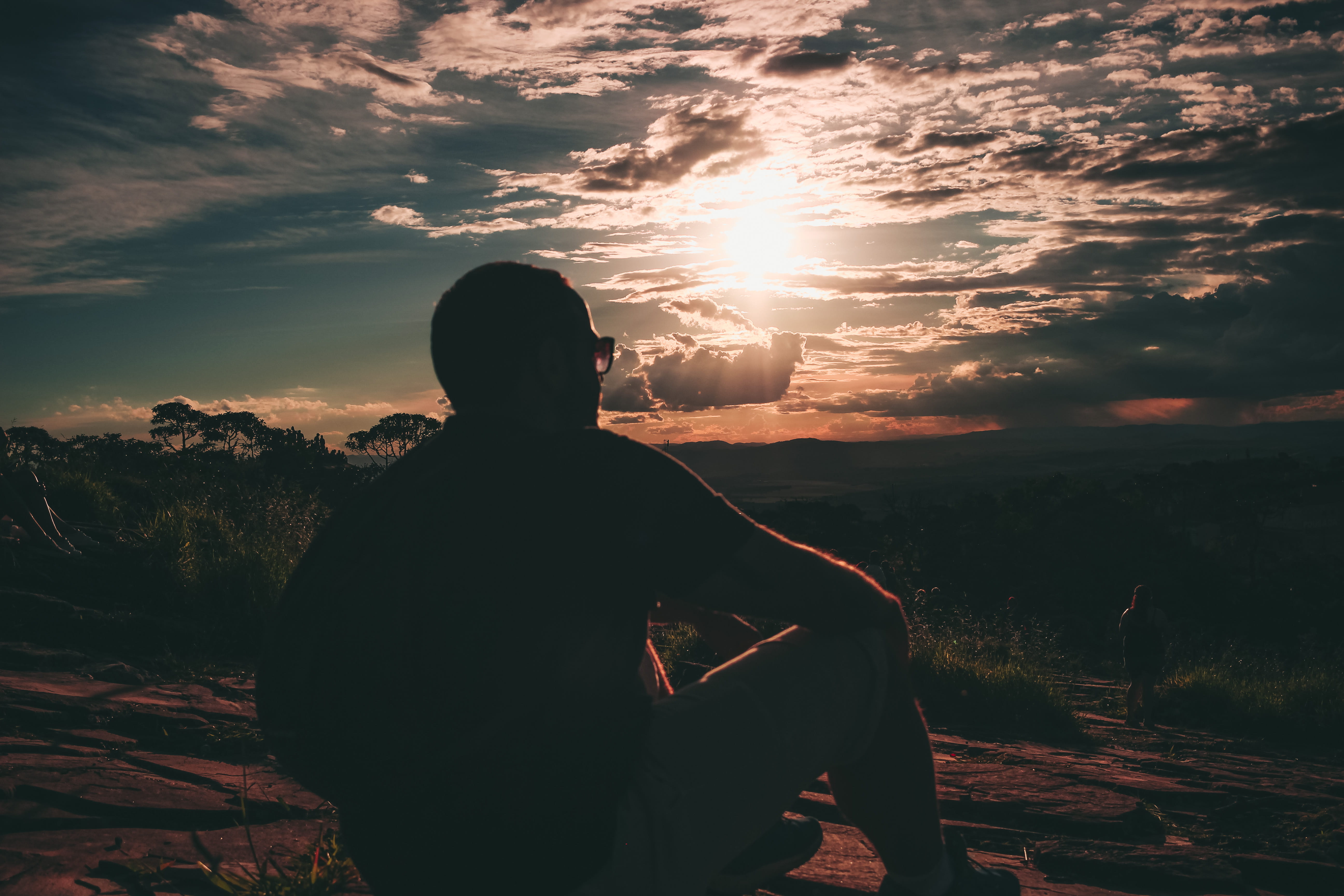 one person, sitting, guy, scenery, idyllic, standing, 5K, golden hour, sunset, male, backpacker, peaceful, cloud - sky, beauty in nature, hour, non-urban scene, HD Wallpaper