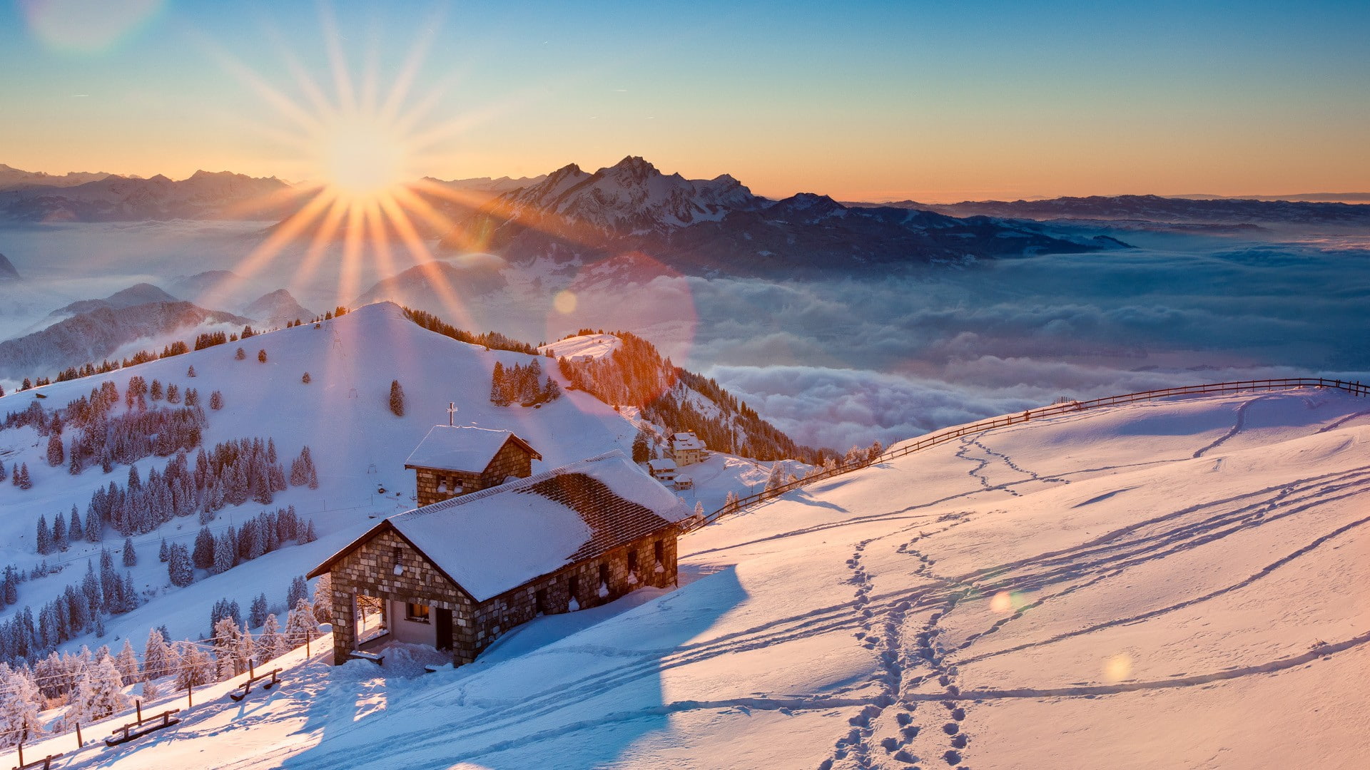 rigi, 1080P, Switzerland, snow, mountains, cabin, HD Wallpaper