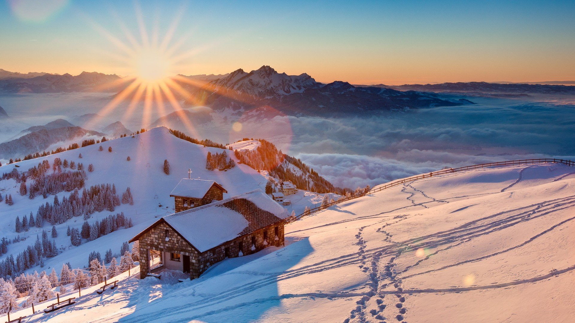 Rigi, snow, Switzerland, 1080P, Cabin, mountain, HD Wallpaper