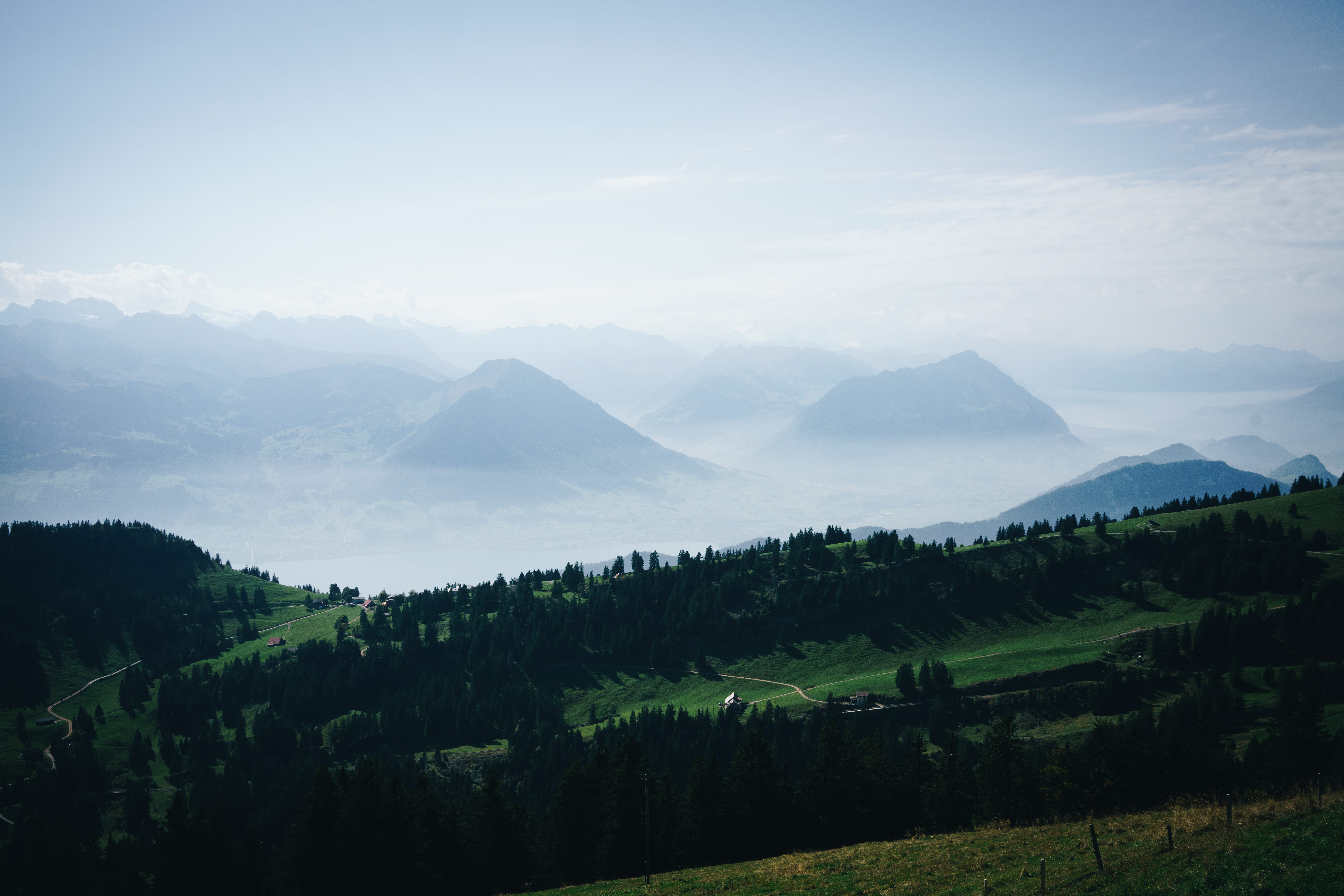 landscape, outdoors, tree, no people, mountain range, environment, switzerland, agriculture, beauty in nature, tranquil scene, green color, rigi kulm, plant, HD Wallpaper