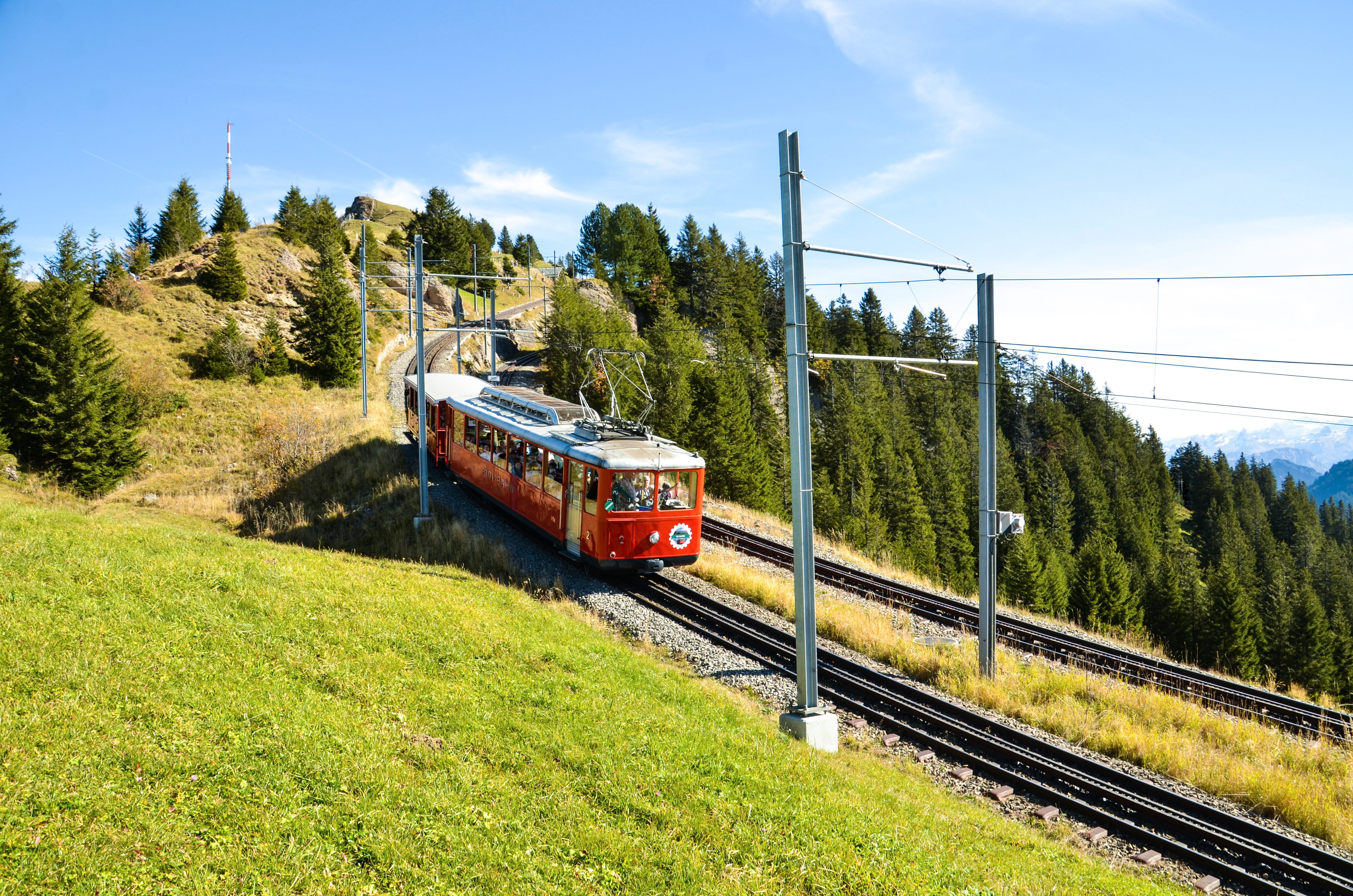 alm, rail transportation, day, sky, no people, train - vehicle, plant, alp, tree, train tracks, vitznau-rigi railway, nature, public transportation, outdoors, HD Wallpaper