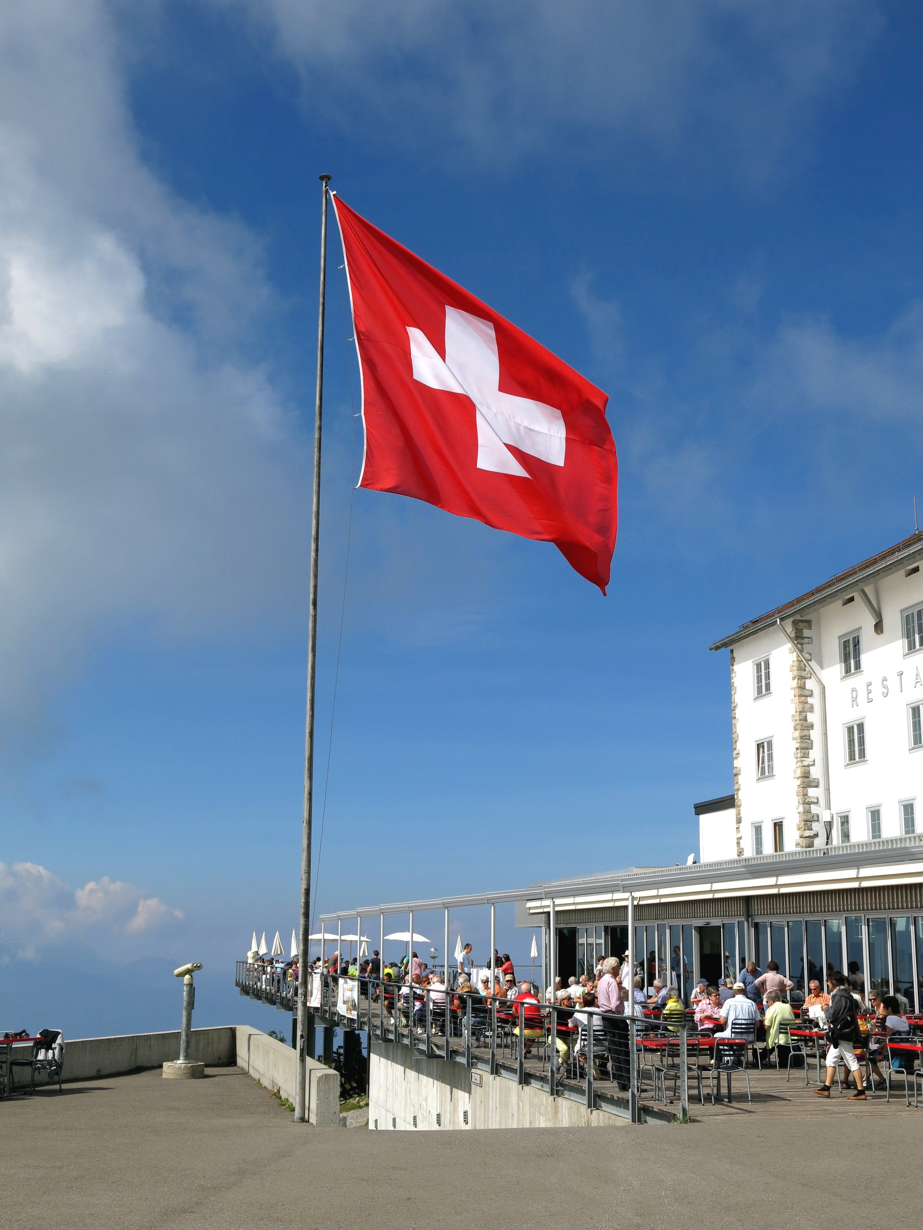 hotel, day, men, sky, real people, city, group of people, cloud - sky, women, view, rigi, red, flag, wind, lifestyles, swiss flag, alpine, patriotism, holiday, Phone HD Wallpaper