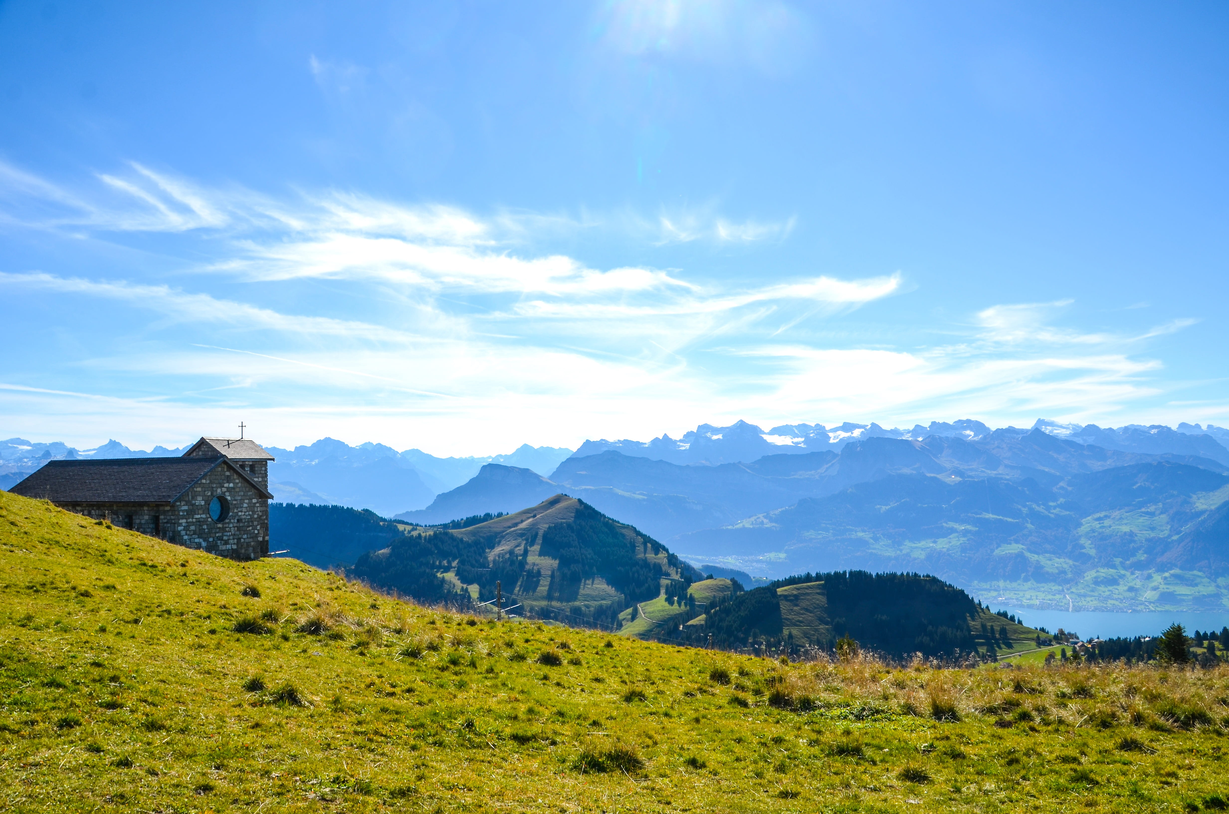 mountain church, distant view, non-urban scene, mountain range, beauty in nature, sky, tranquility, scenics - nature, alp, blue, environment, panorama, HD Wallpaper