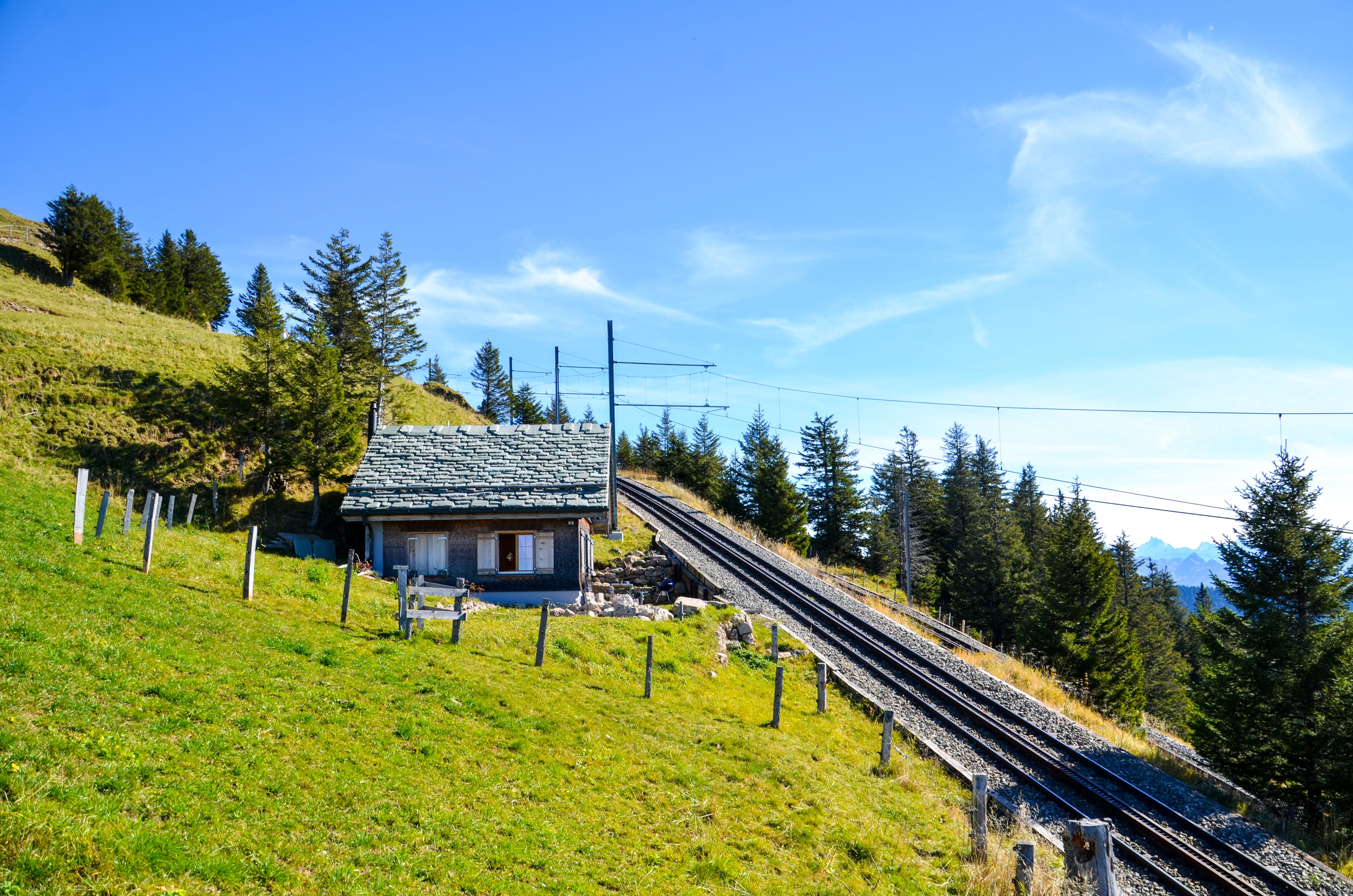 outdoors, green color, mountain railway, architecture, building exterior, grass, built structure, land, growth, plant, train tracks, mountain, tree, landscape, HD Wallpaper