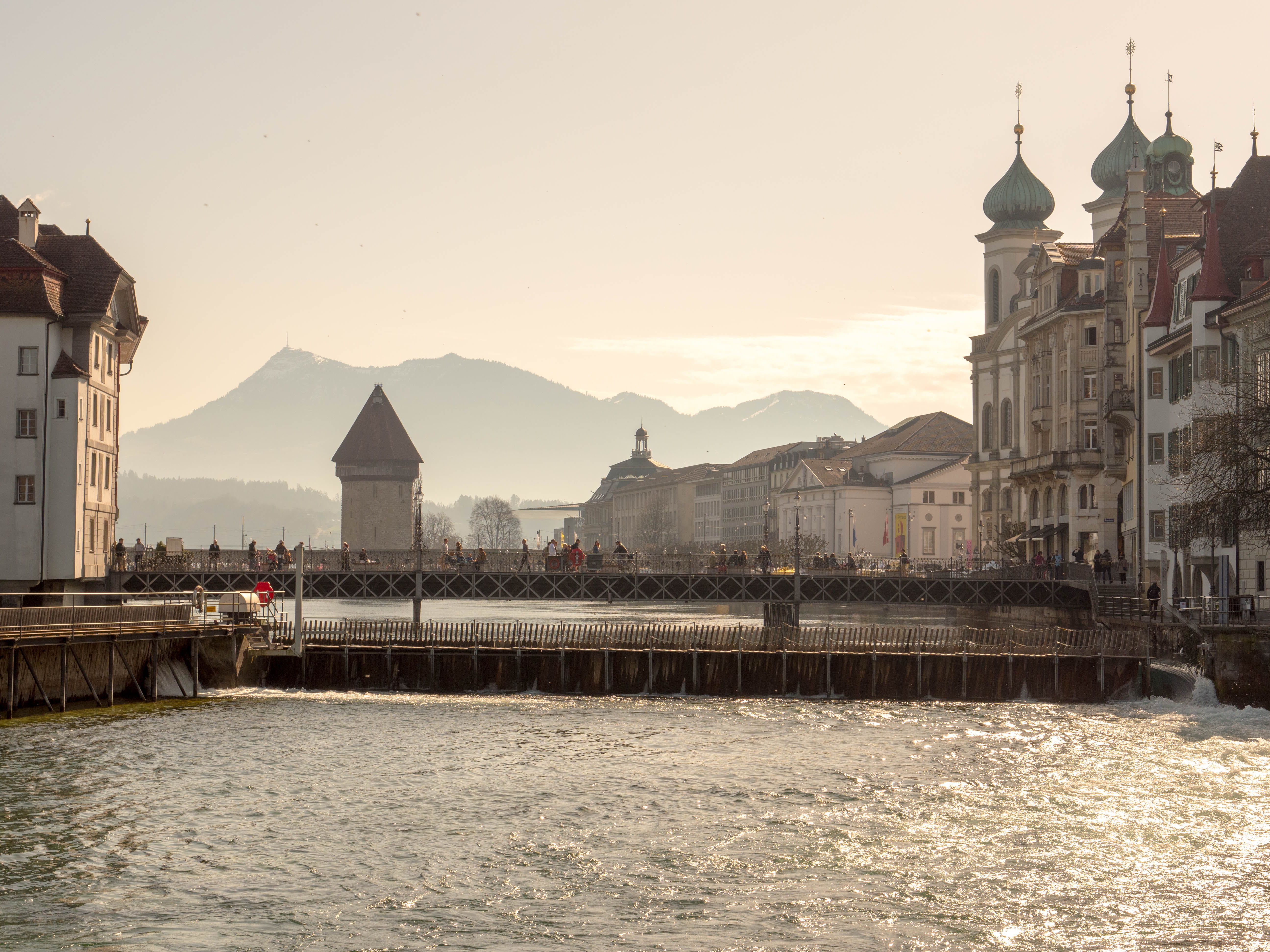 sunset, kappellbrücke, building exterior, built structure, city, nature, no people, switzerland, travel destinations, architecture, sky, church, religion, HD Wallpaper