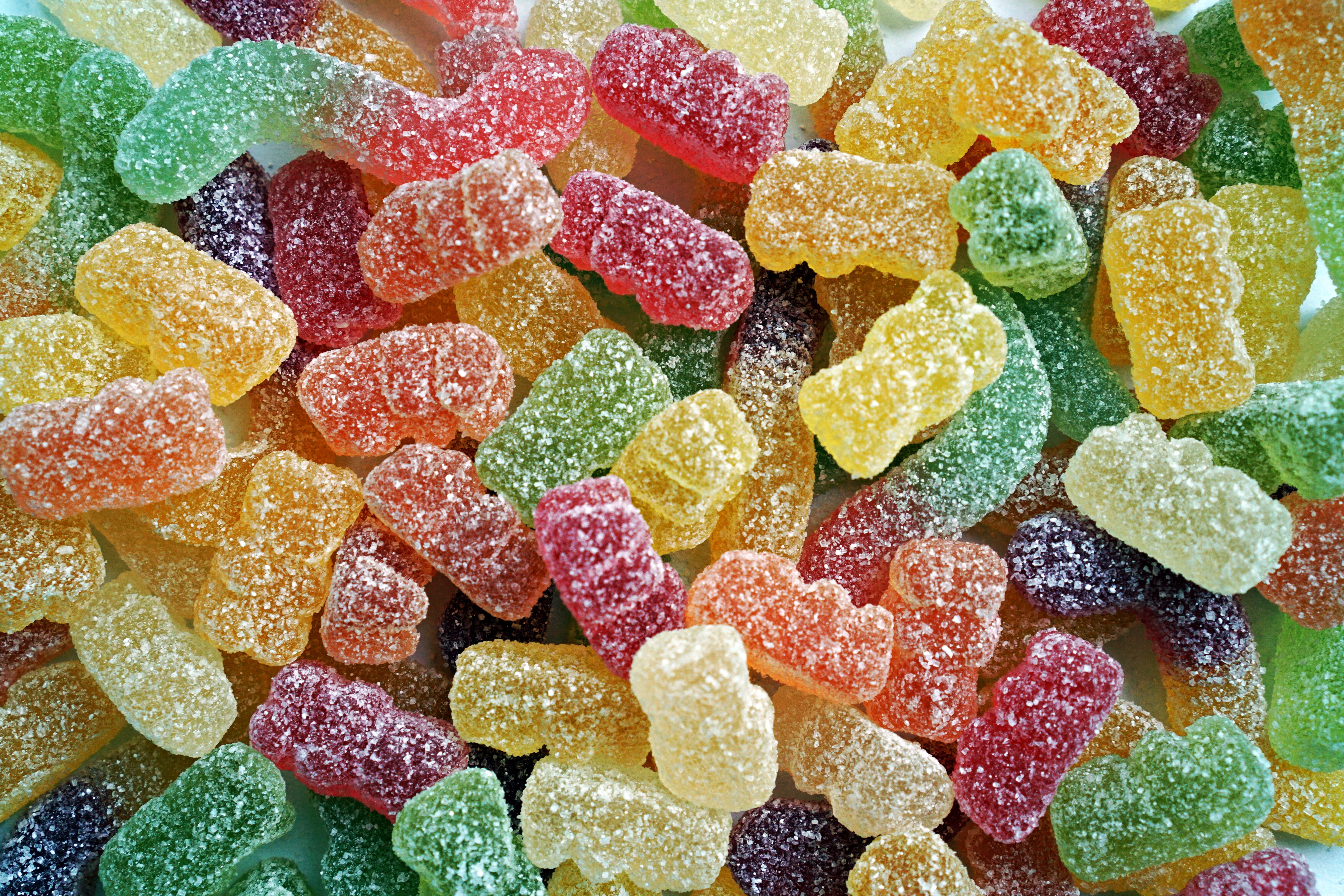 teddy bear, directly above, abundance, backgrounds, eating, no people, freshness, still life, colorful, full frame, unhealthy eating, variation, snack, HD Wallpaper