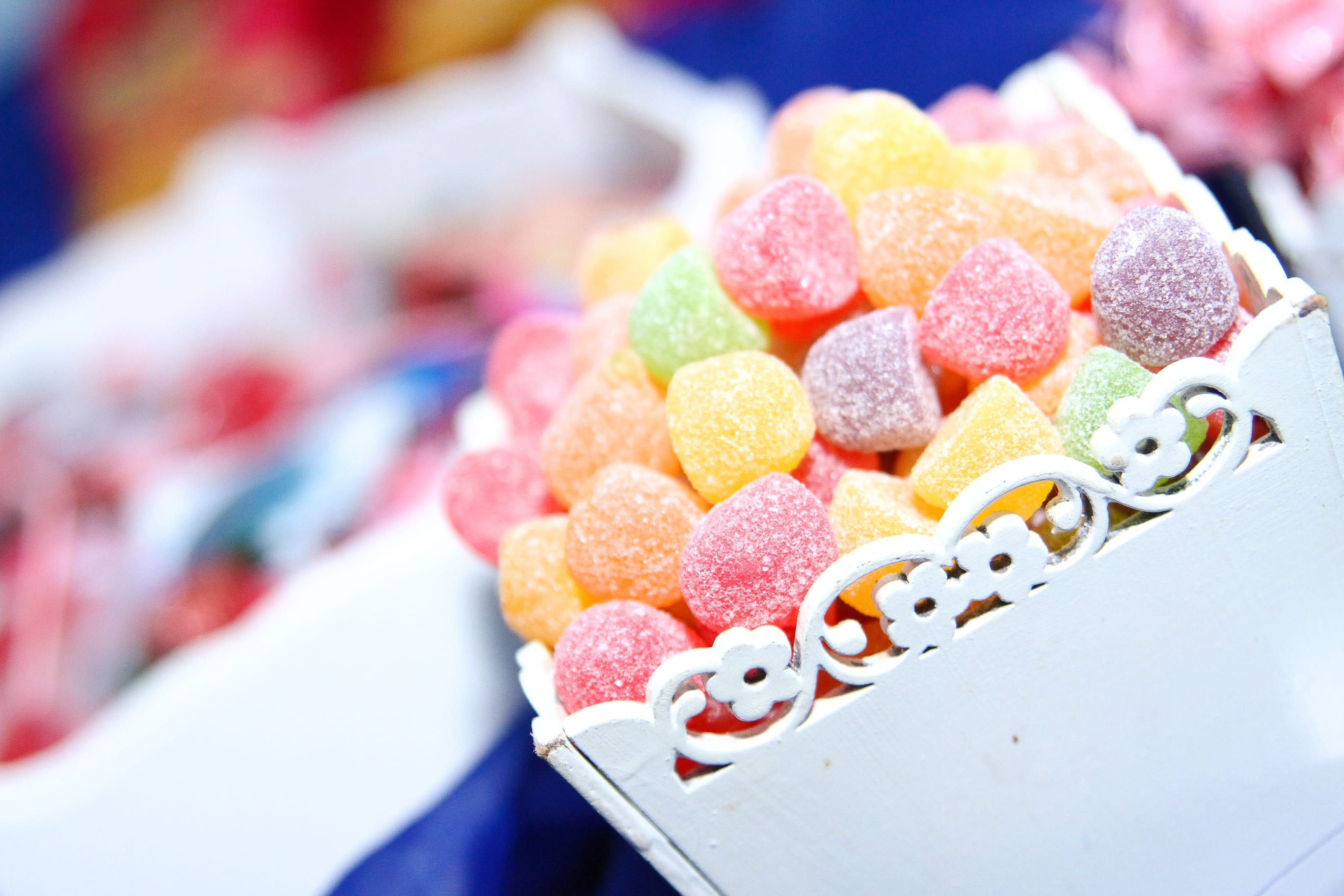 party, unhealthy eating, container, candy, snack, gummy, variation, multi colored, white, no people, still life, freshness, ready-to-eat, sweet food, close-up, HD Wallpaper