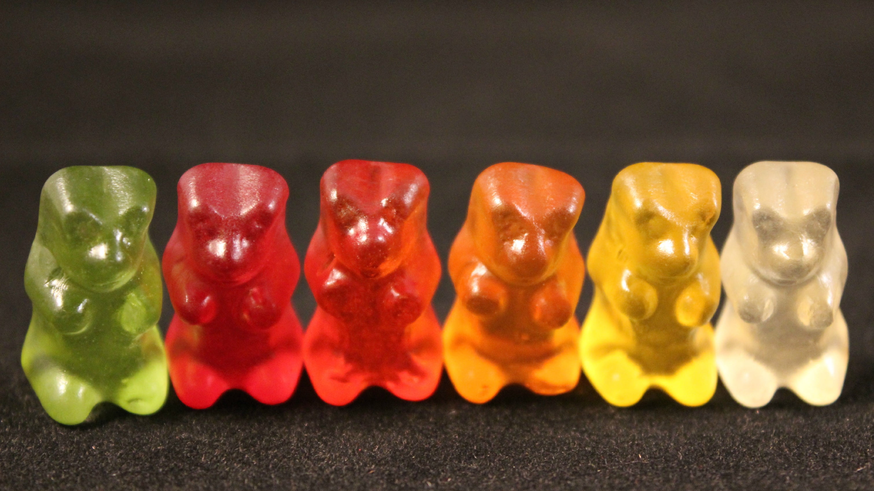 gummibärchen, delicious, focus, assorted, photography, multi colored, arrangement, variation, 2K, in a row, red, studio shot, shiny, colored background, HD Wallpaper