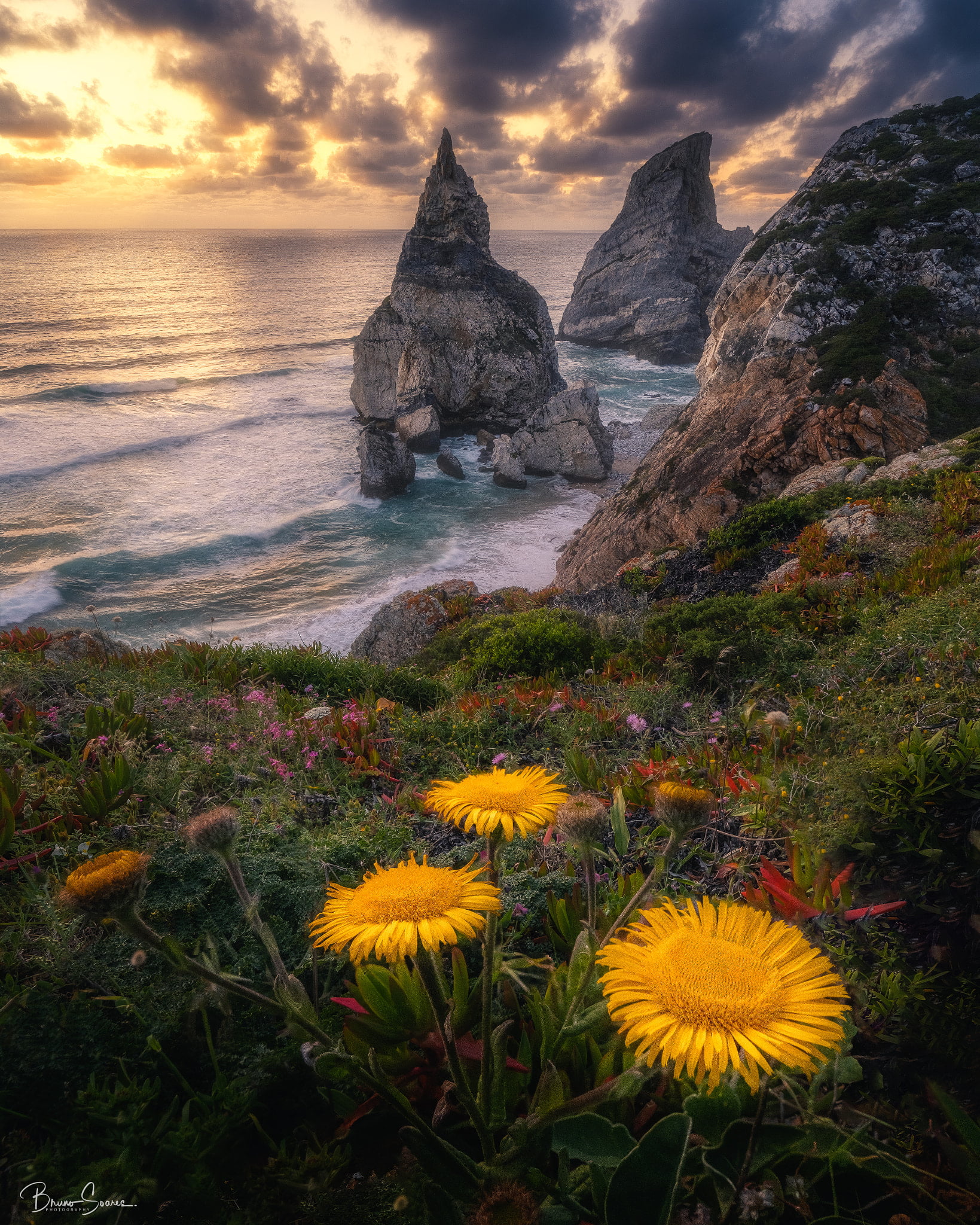 clouds, cliff, sky, grass, flowers, shore, waves, landscape, Bruno Soares, water, rocks, 1080P, Phone HD Wallpaper