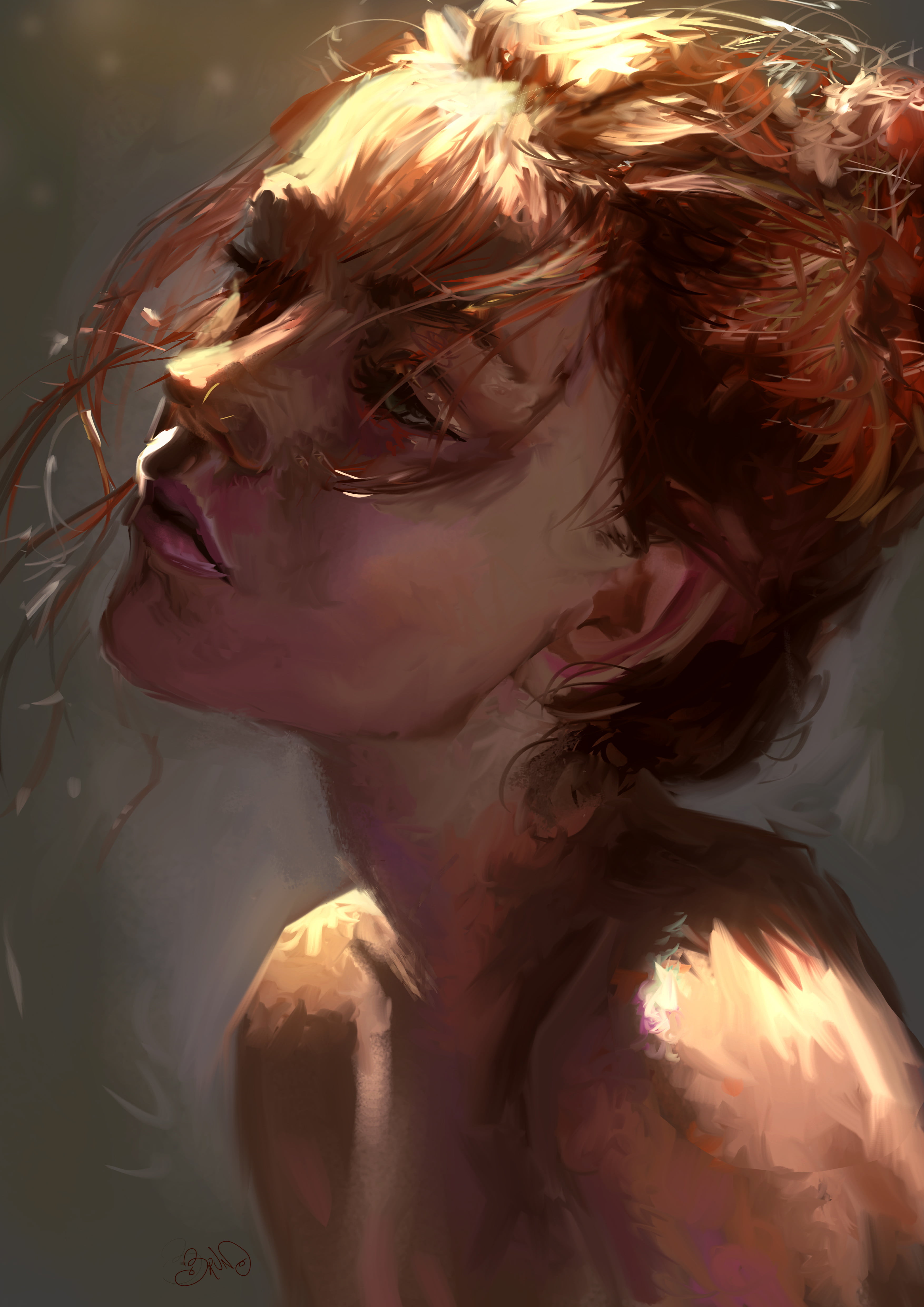 digital art, 4K, ArtStation, redhead, face, brunette, hair, artwork, Bruno Hamzagic, messy hair, messy hairbun, women, portrait, portrait display, bare shoulders, Phone HD Wallpaper