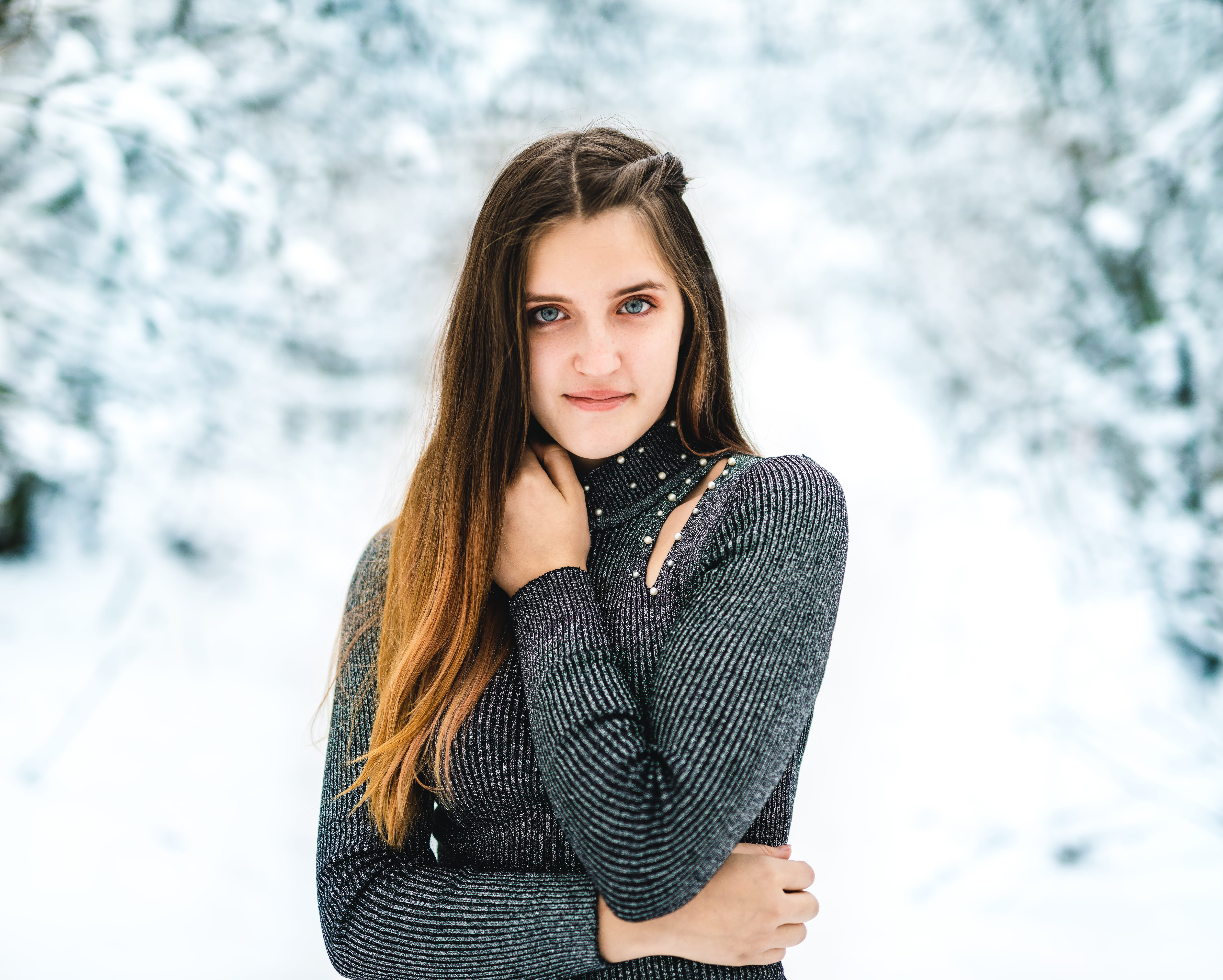 standing, fashion, clothing, apparel, focus on foreground, beautiful people, hairstyle, young adult, girl, blonde, long hair, snow, portrait, face, photography, HD Wallpaper