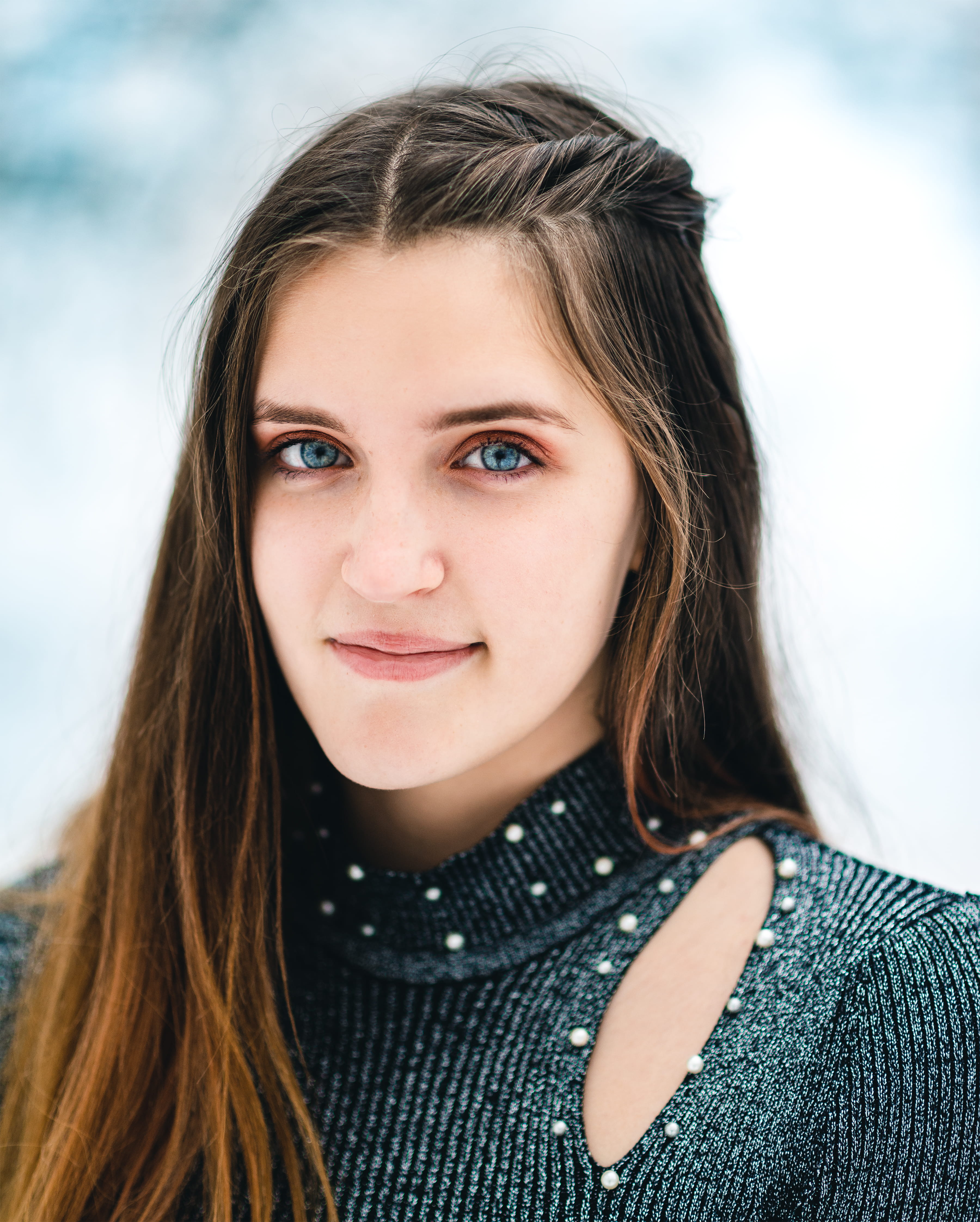 shirt, young women, lifestyles, close-up, portrait, looking at camera, female, apparel, long sleeve, sweater, beauty, skin, gray, women, front view, clothing, Phone HD Wallpaper