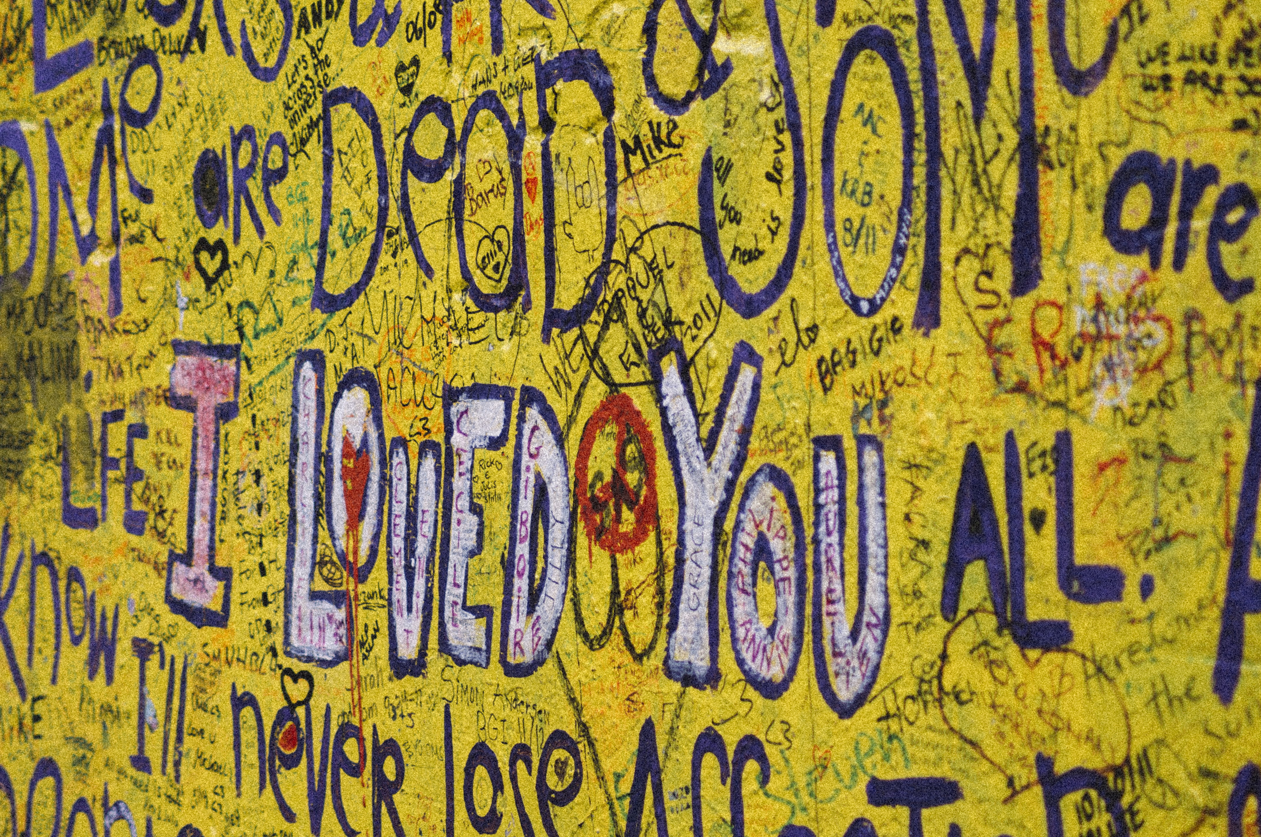 writing, loved, backgrounds, capital letter, blue, wall, yellow, graffiti, architecture, painted, creativity, day, aggression, pattern, artwork, 4K, art and craft, HD Wallpaper