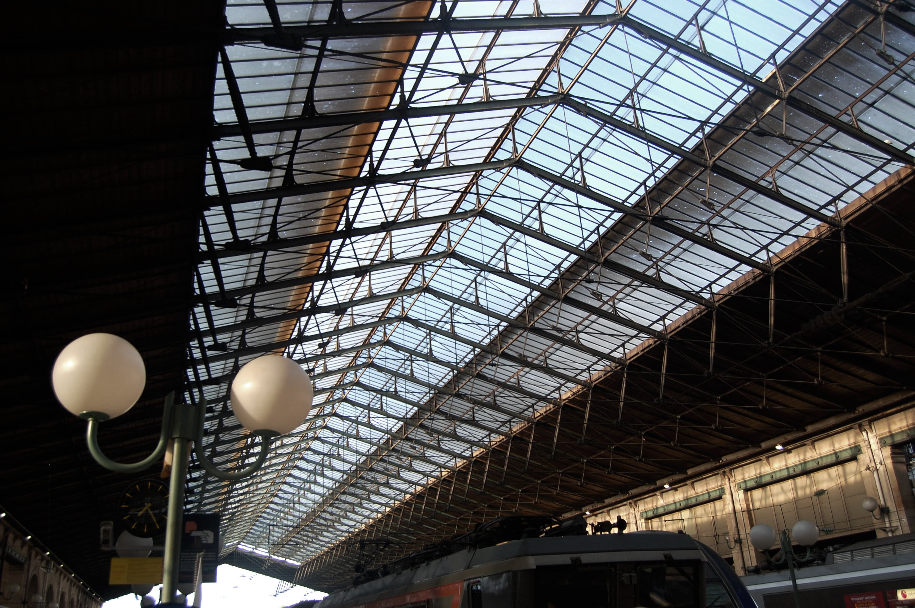 indoors, railroad station, roof beam, roof, illuminated, no people, architecture, lights, low angle view, day, france, urban, glass - material, metro, transportation, HD Wallpaper