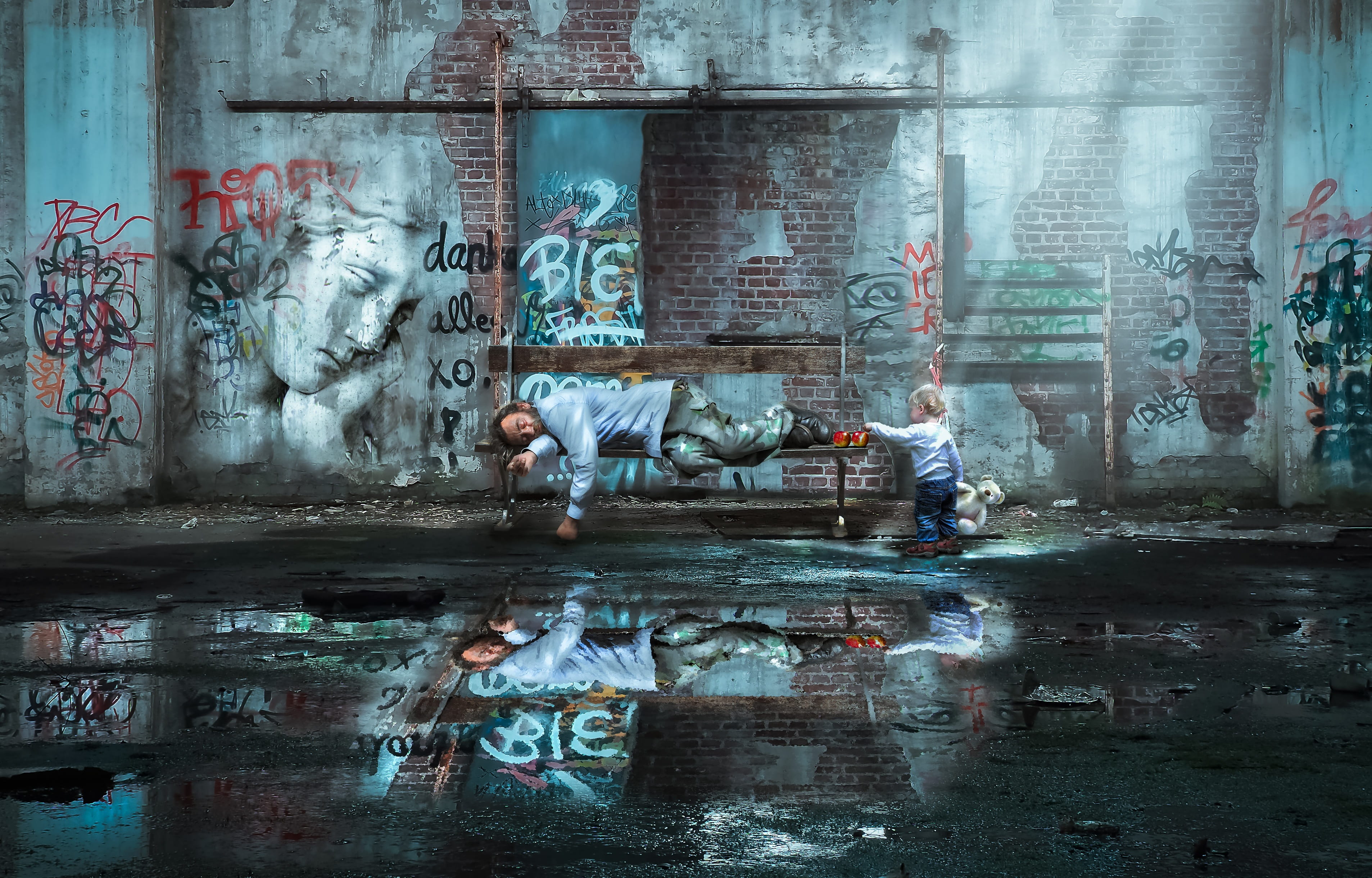 goodness, angel, damaged, samaritan, men, abandoned building, deserted, digital composite, broken, grunge, ruin, architecture, dark, urban, poverty, messy, HD Wallpaper