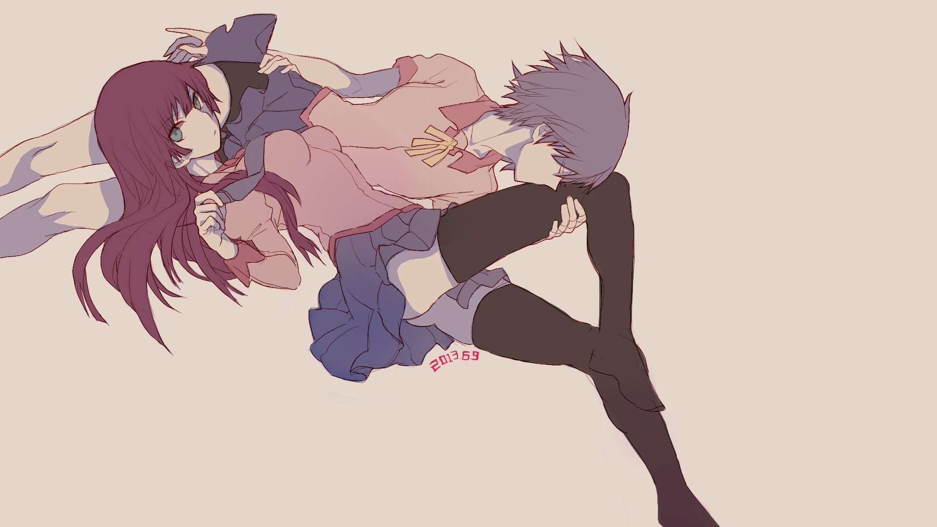 hair, full length, anime girls, Kanbaru Suruga, two people, people, side view, Monogatari Series, young adult, hairstyle, cut out, music, females, thigh-highs, HD Wallpaper