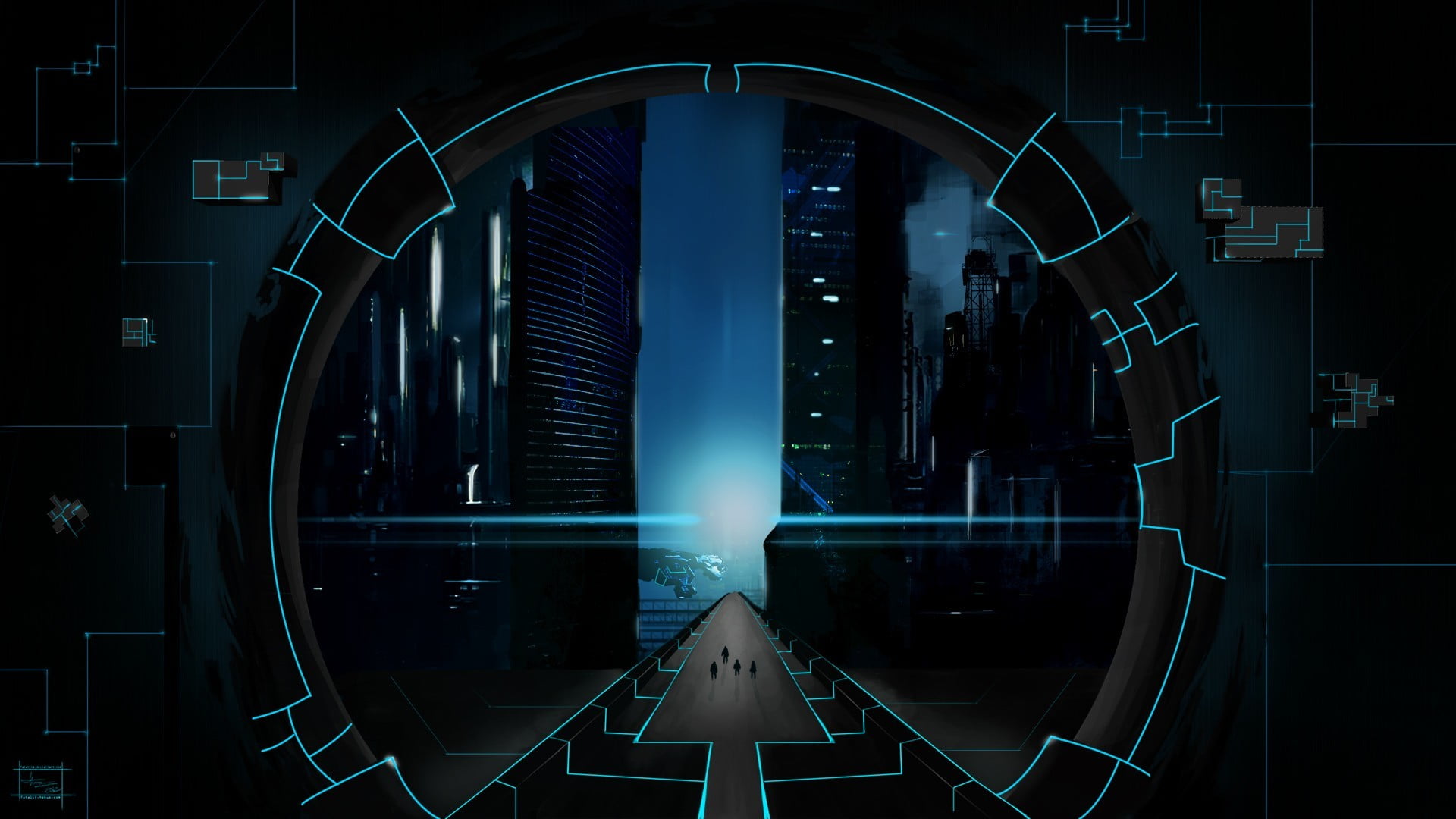 spaceship, people, game, built structure, lines, modern, road, digital art, circle, CGI, connection, shape, 1080P, digital composite, architecture, HD Wallpaper