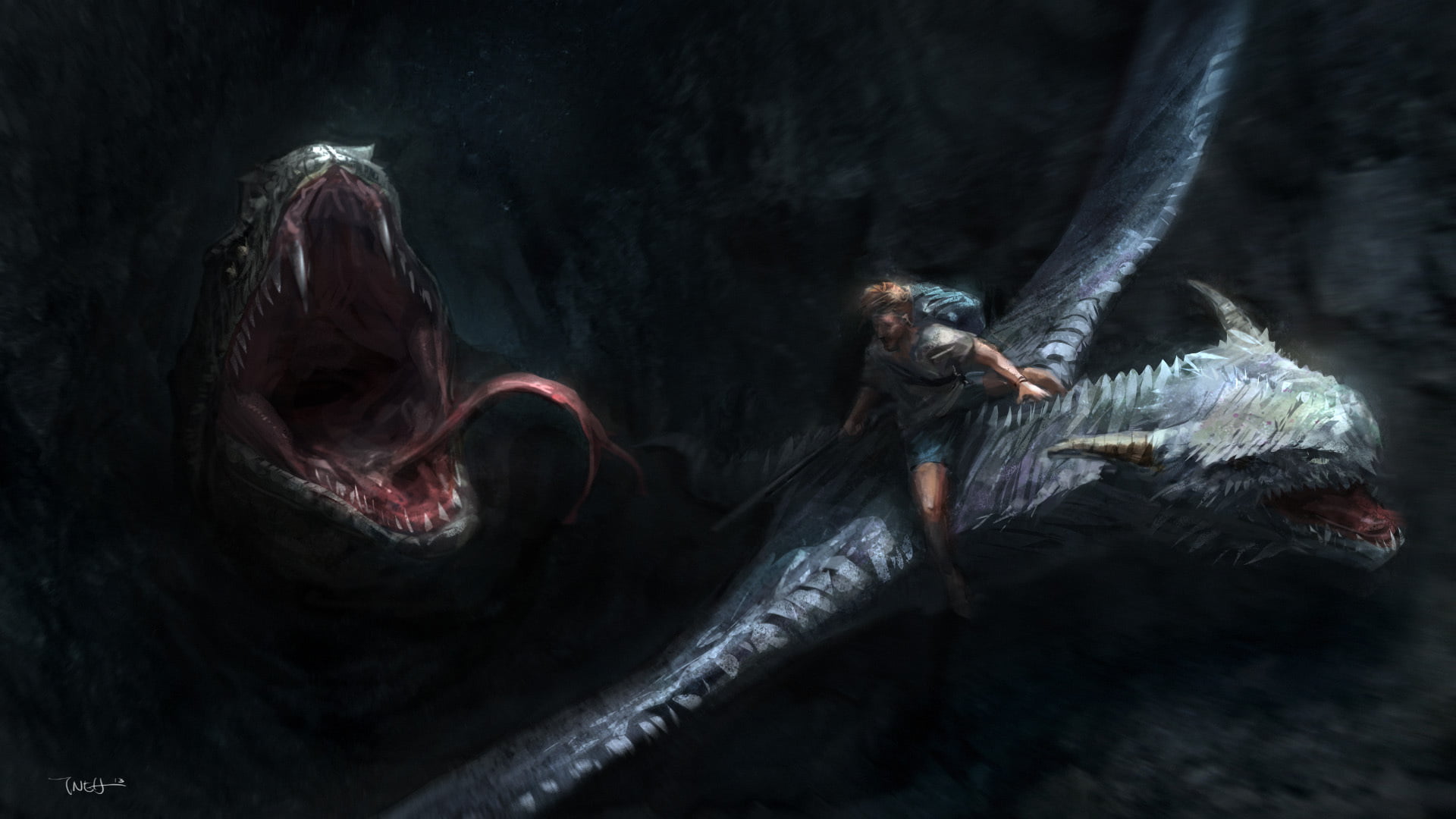 black background, 1080P, beautiful woman, dragon, man, people, riding, mouth open, monster, indoors, fiction, snake, side view, full length, effort, art, HD Wallpaper