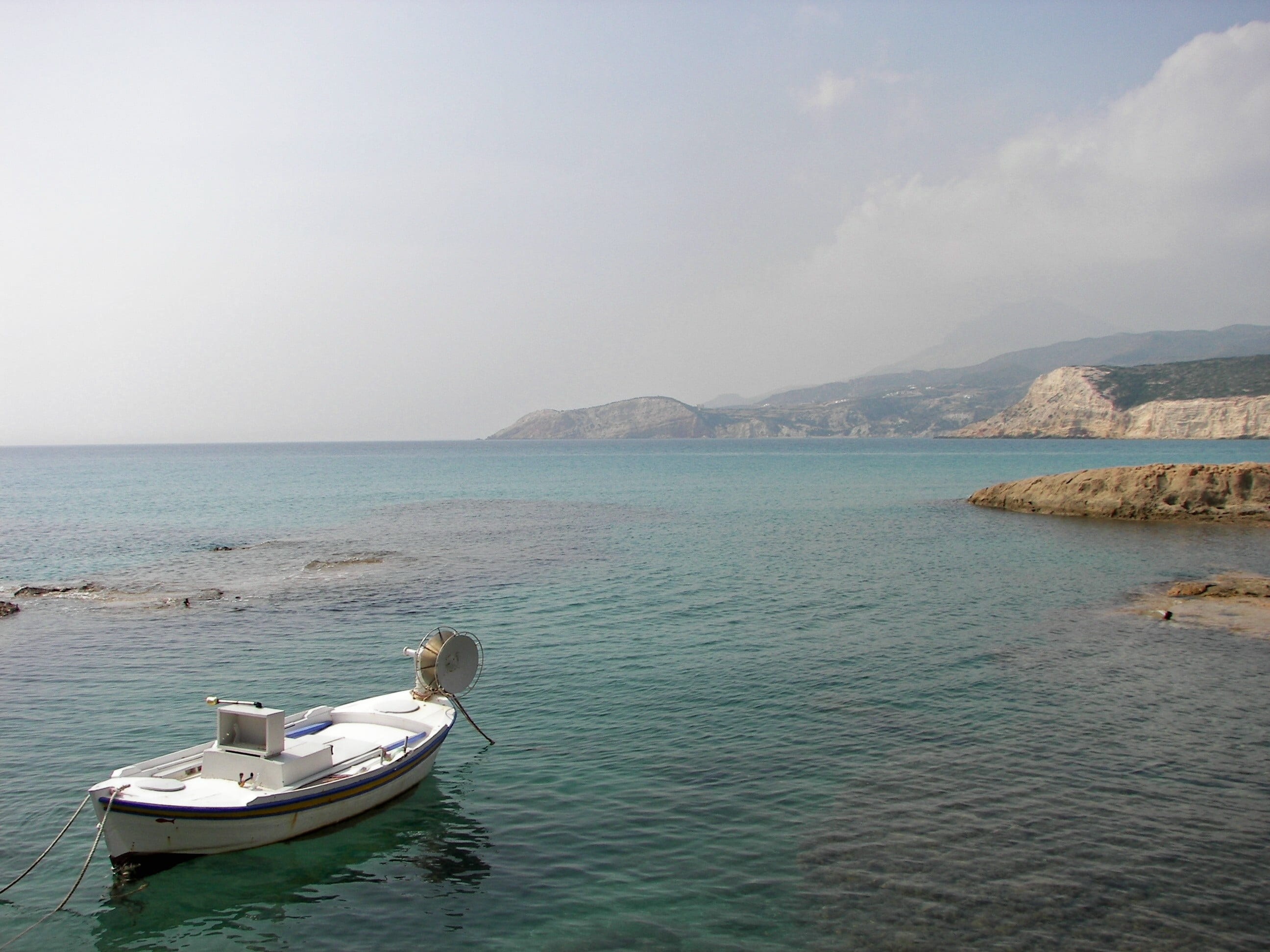 sky, basalt, mode of transportation, mountain, cyclades, transportation, greece, sea, waterfront, fishing boat, boot, tranquil scene, land, non-urban scene, HD Wallpaper