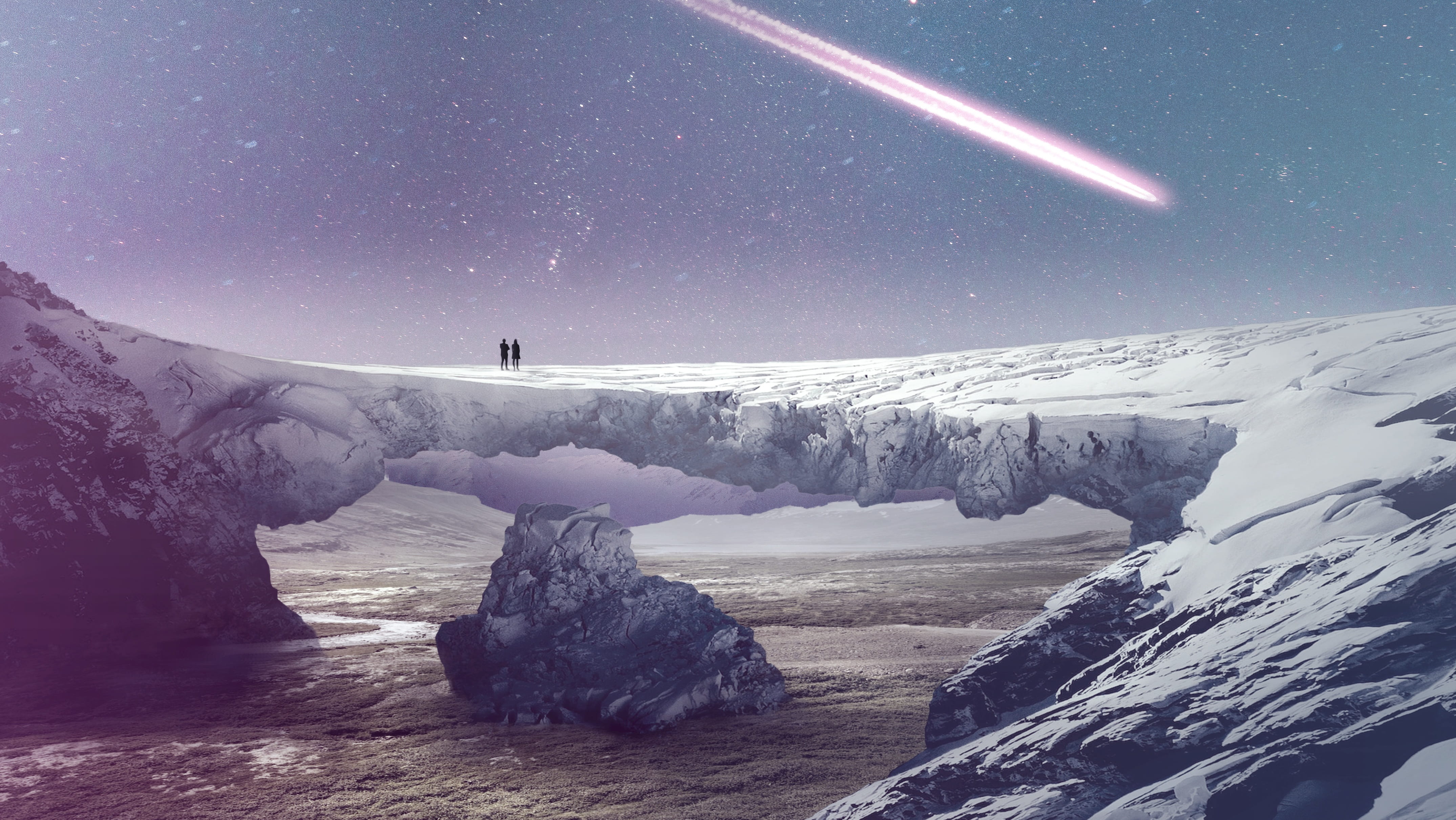 odysseus, night, scenics - nature, travel, cold temperature, long exposure, man, nature, asteroid, girl, planet, alien, two, snowing, stars, fantasy, landscape, HD Wallpaper