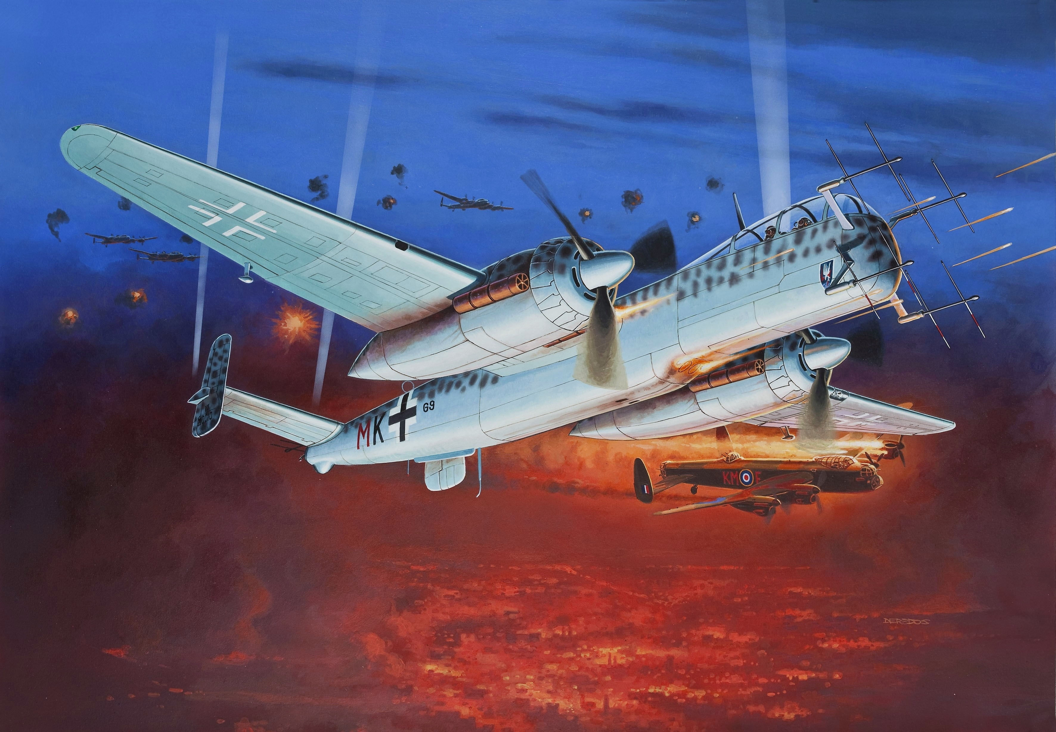 He-219, twin-engine, airplane, plane, no people, high angle view, mode of transportation, art, air vehicle, business, night fighter, transportation, 2K, HD Wallpaper
