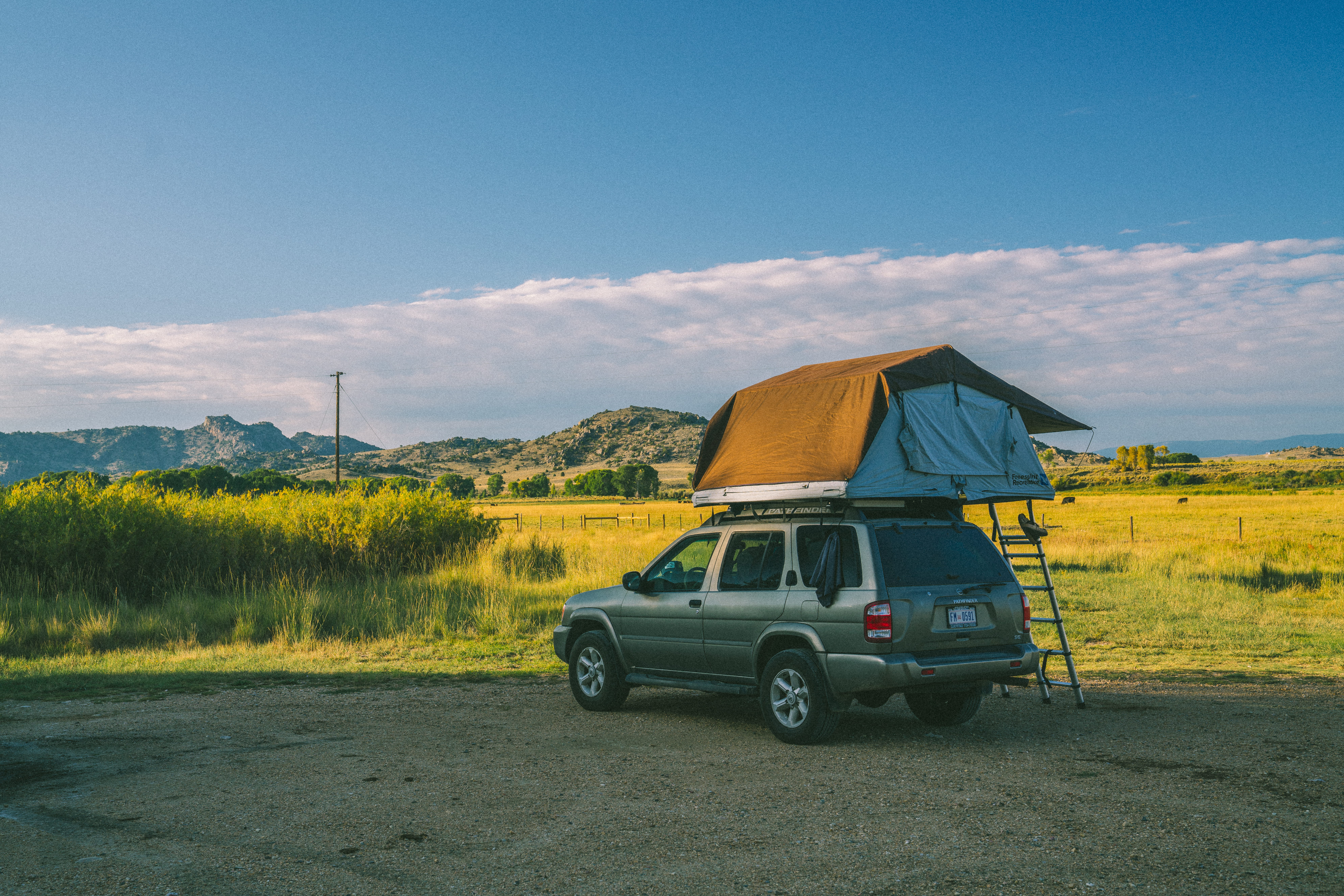 camping, cloud - sky, near, scenics - nature, car, field, stationary, silver, mode of transportation, motor vehicle, adventure, brown, environment, people, HD Wallpaper