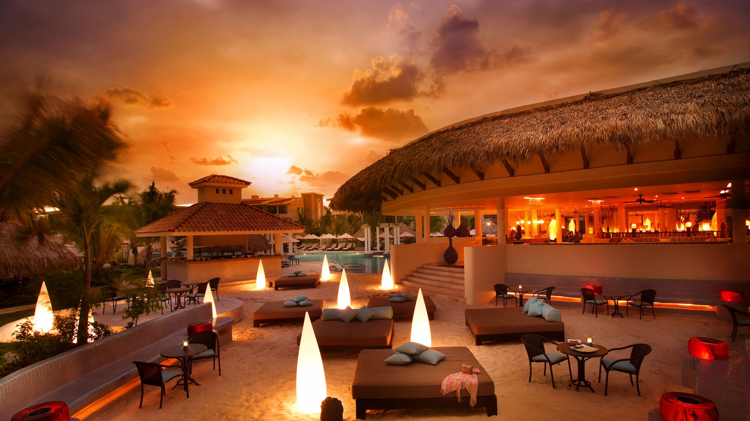 Best beaches of 2017, fabric, bed, Best Hotels of 2017, vacation, outside, concrete, Paradisus Palma Real, white, brown, 2K, travel, tourism, resort, sunset, HD Wallpaper