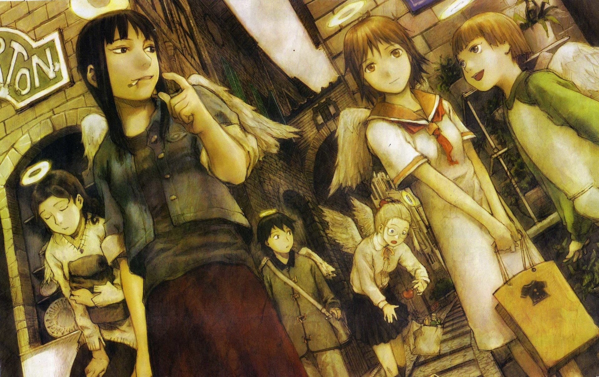 Haibane Renmei, Reki (Haibane Renmei), Kana (Haibane Renmei), Hikari (Haibane Renmei), Anime, Nemu (Haibane Renmei), 1080P, Kuu (Haibane Renmei), Rakka, HD Wallpaper