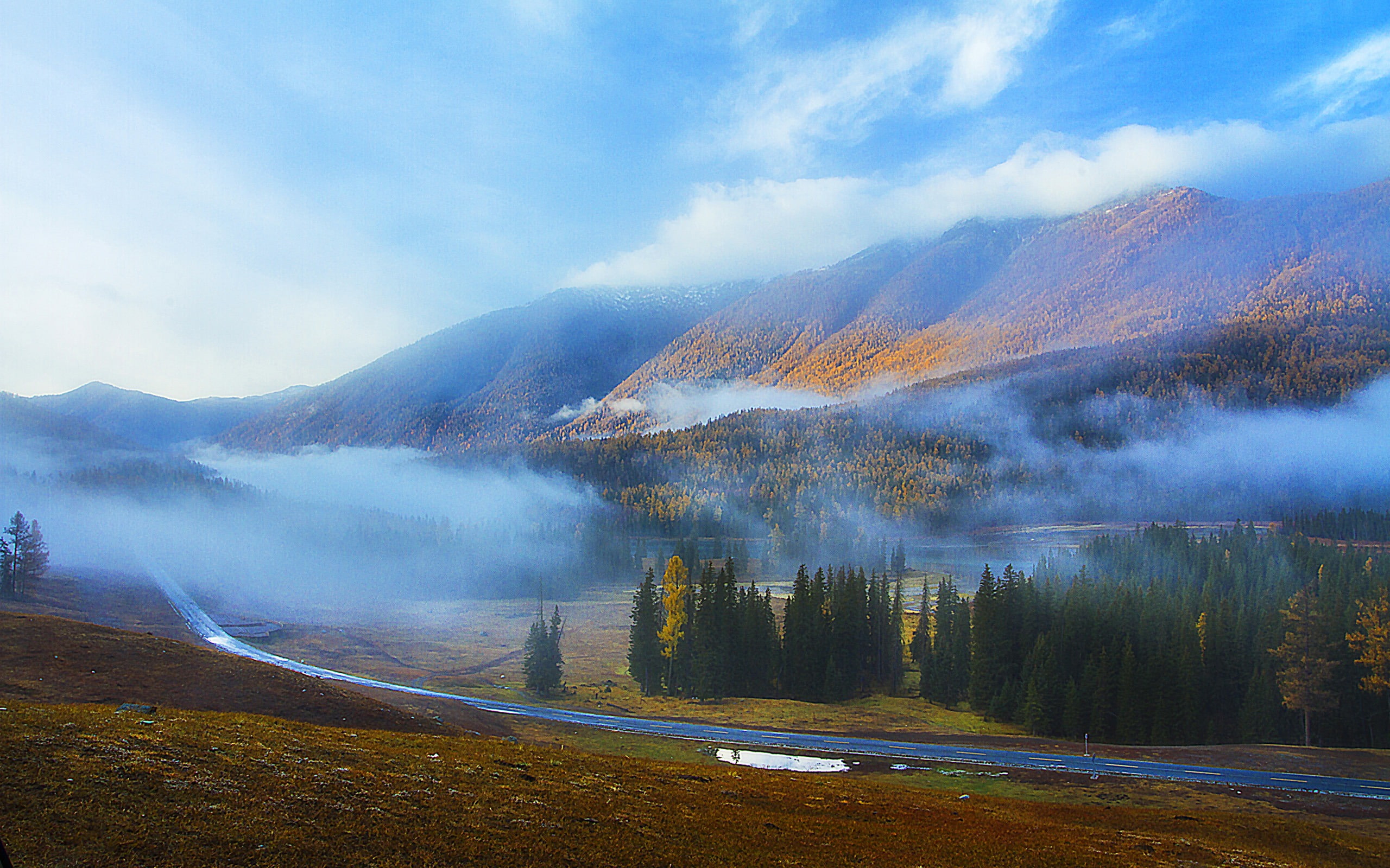 landscape, day, no people, mountain, hd, 2K, smoke - physical structure, beauty in nature, photo, sky, lake, wallpape, outdoors, non-urban scene, mountain range, HD Wallpaper