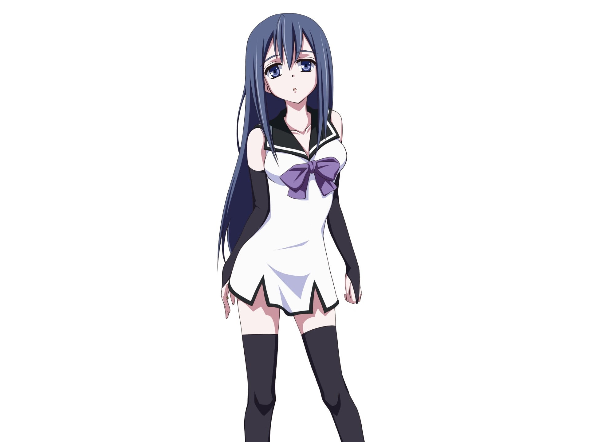1080P, thigh-highs, Neko Kuroha, Gokukoku no Brynhildr, anime girls, Brynhildr in the Darkness, white background, HD Wallpaper