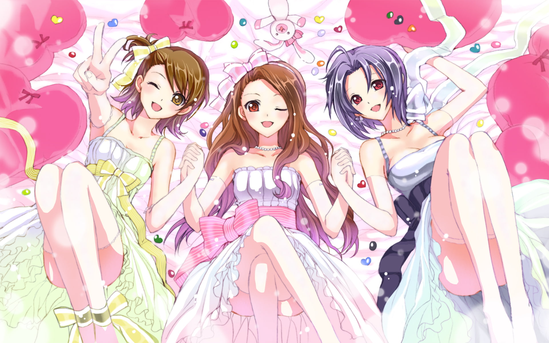 ami, brown, iori, 1080P, hair, kabkin, gloves, eyes, purple, minase, elbow, bow, dress, futami, miura, idolmaster, wink, red, azusa, necklace, HD Wallpaper
