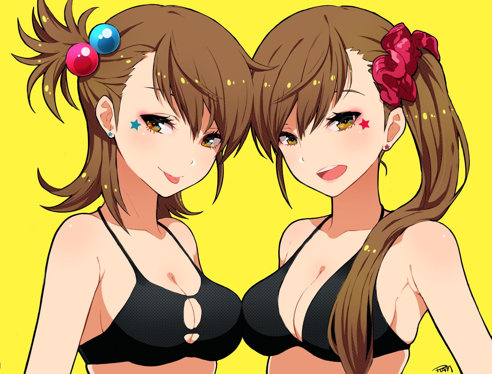 720P, long, 242597, idolmaster, short, cleavage, bikini, ami, ponytail, mami, twins, breasts, brown, signed, hair, konachan, yellow, swimsuit, 2girls, HD Wallpaper