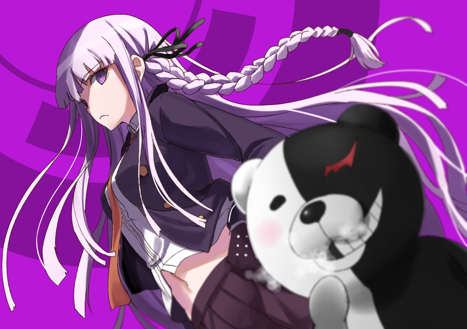 dangan ronpa, long, braids, purple, eyes, 720P, tokumaro, tie, navel, hair, monokuma, skirt, kirigiri, kyouko, HD Wallpaper