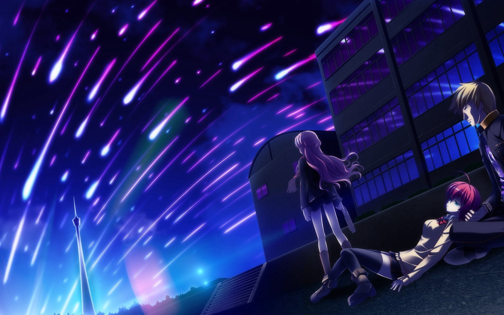 indoors, outdoors, anime, illuminated, architecture, uniform, technology, urban Scene, group of people, city Life, school, purple, business, sport, action, HD Wallpaper