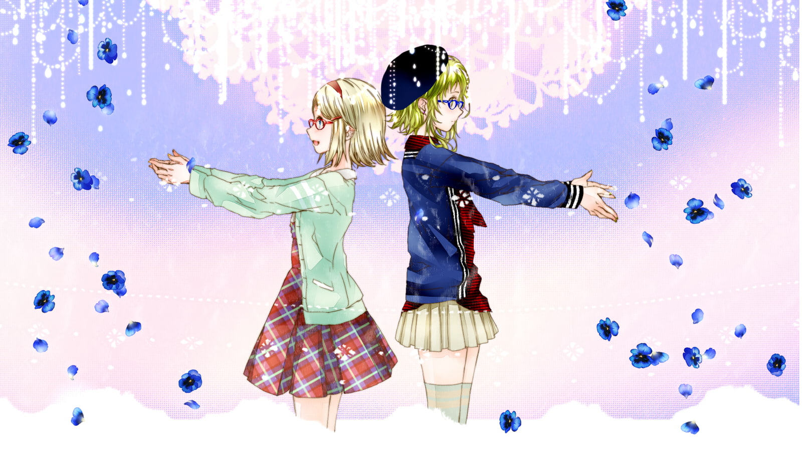 720P, kagamine, dress, glasses, ebisu, vocaloid, rin, kana, flowers, gumi, HD Wallpaper