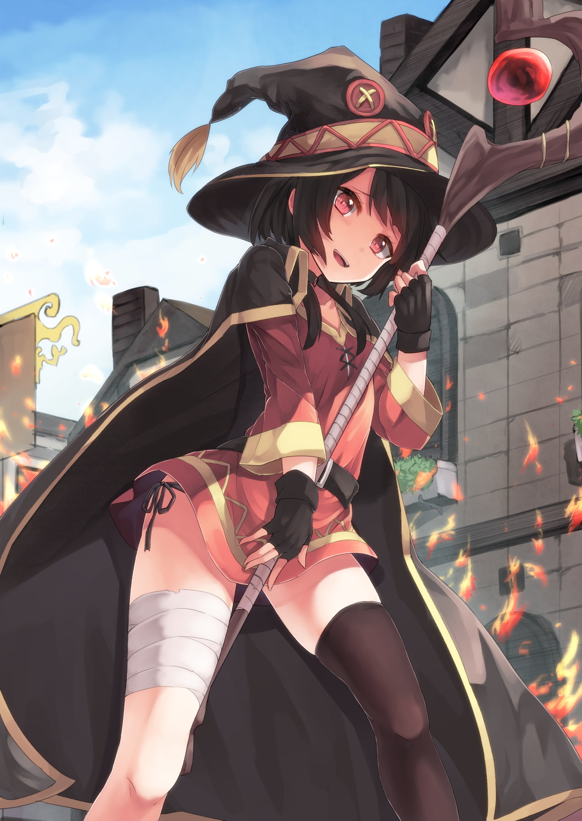red eyes, anime, Kono Subarashii Sekai ni Shukufuku wo!, black hair, short hair, stockings, Megumin, witch, witch hat, weapon, 2K, anime girls, bandage, Phone HD Wallpaper