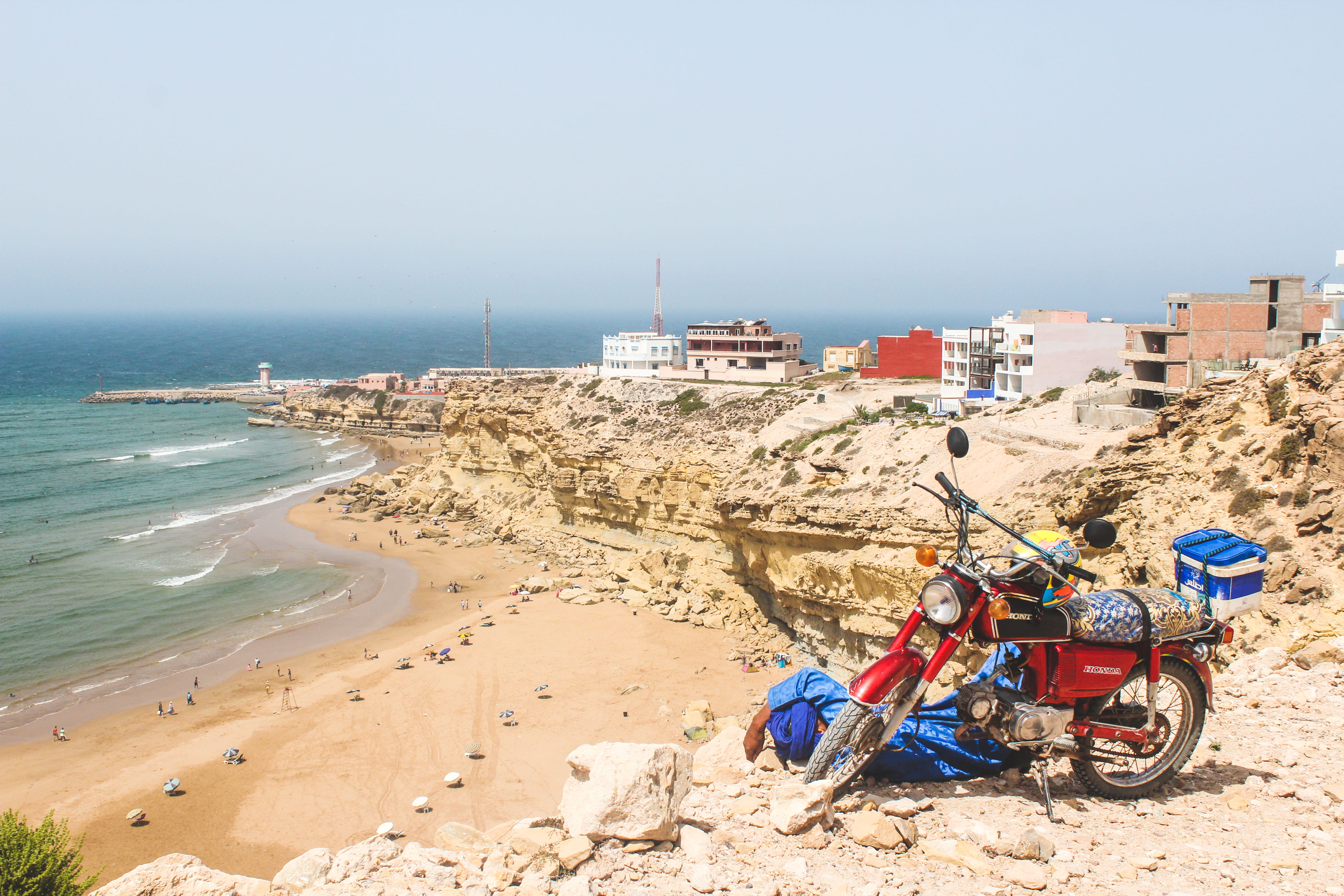 motor scooter, travel, motorcycle, seashore, moped, carriage, sand, building, imsouane, vehicle, horizon, vespa, beach, power plant, architecture, mode of transportation, HD Wallpaper