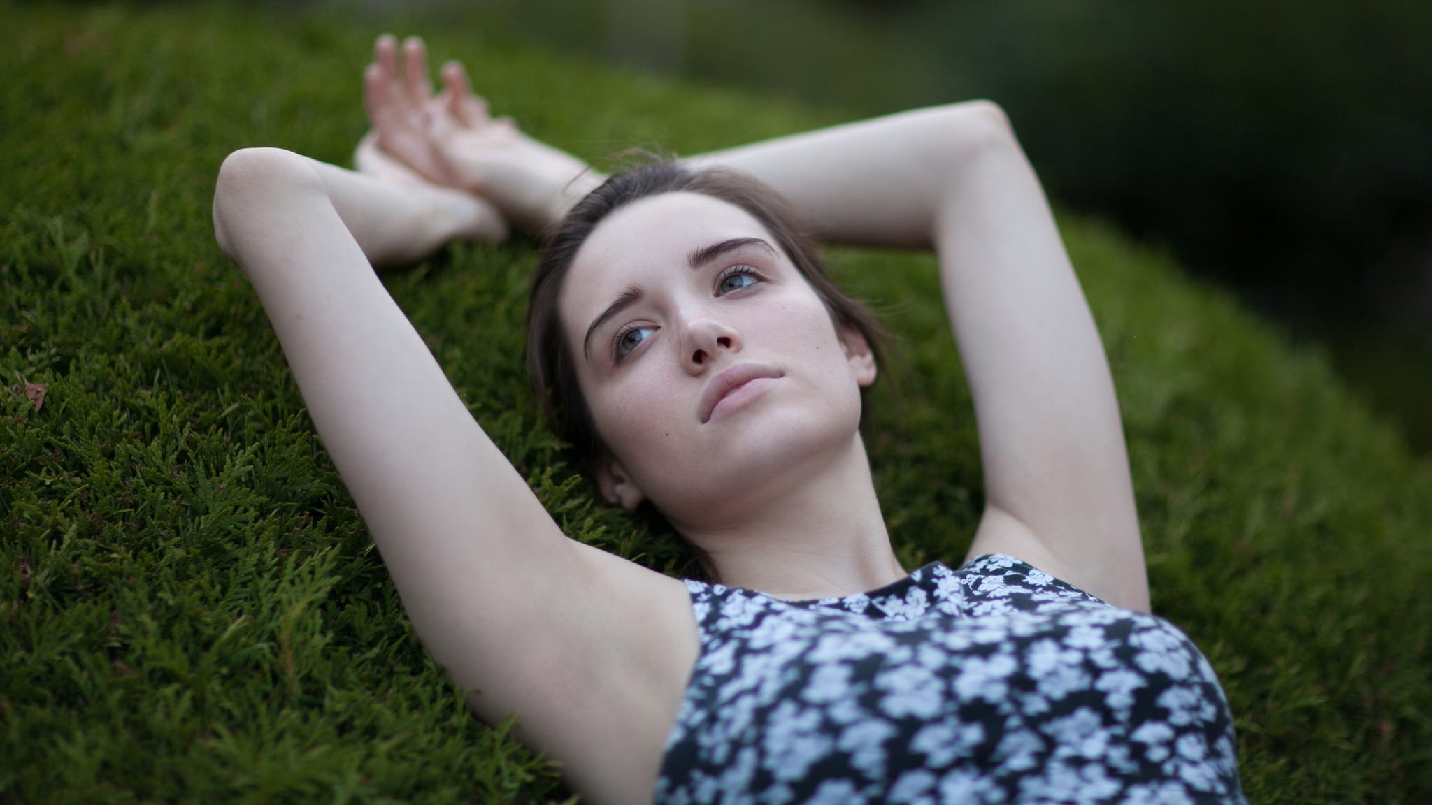 1080P, looking away, armpits, Ruby James, women outdoors, lying on back, brunette, women, summer  dress, arms up, HD Wallpaper