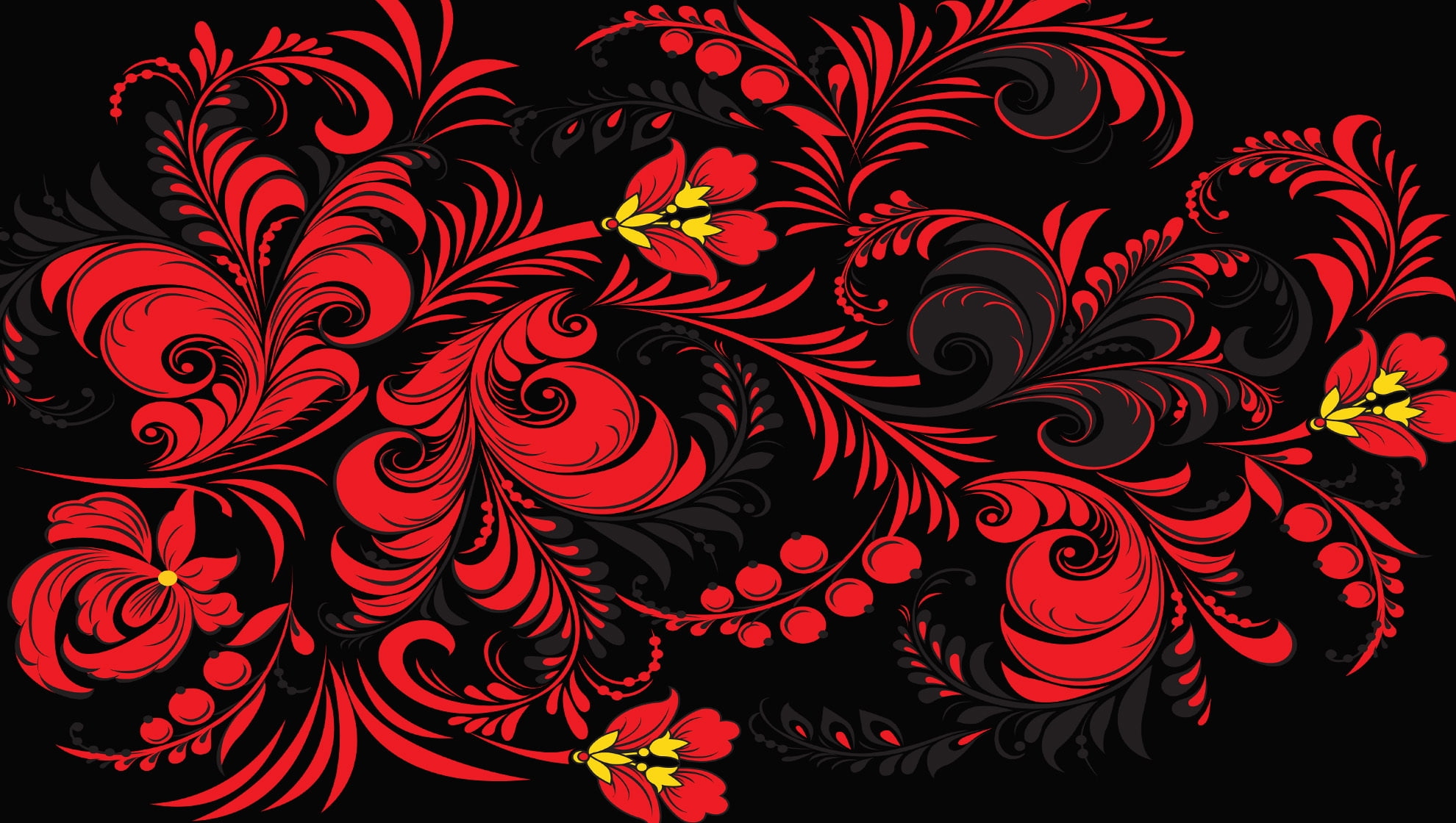 red, 1080P, khokhloma, pattern, flowers, HD Wallpaper
