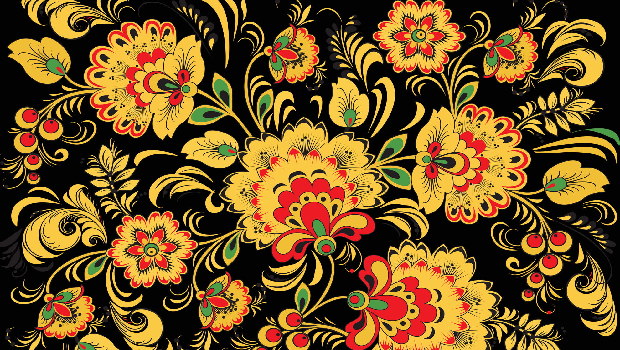 patterns, pattern, yellow, Russia, flowers, Khokhloma, berries, leaves, 1080P, background, HD Wallpaper