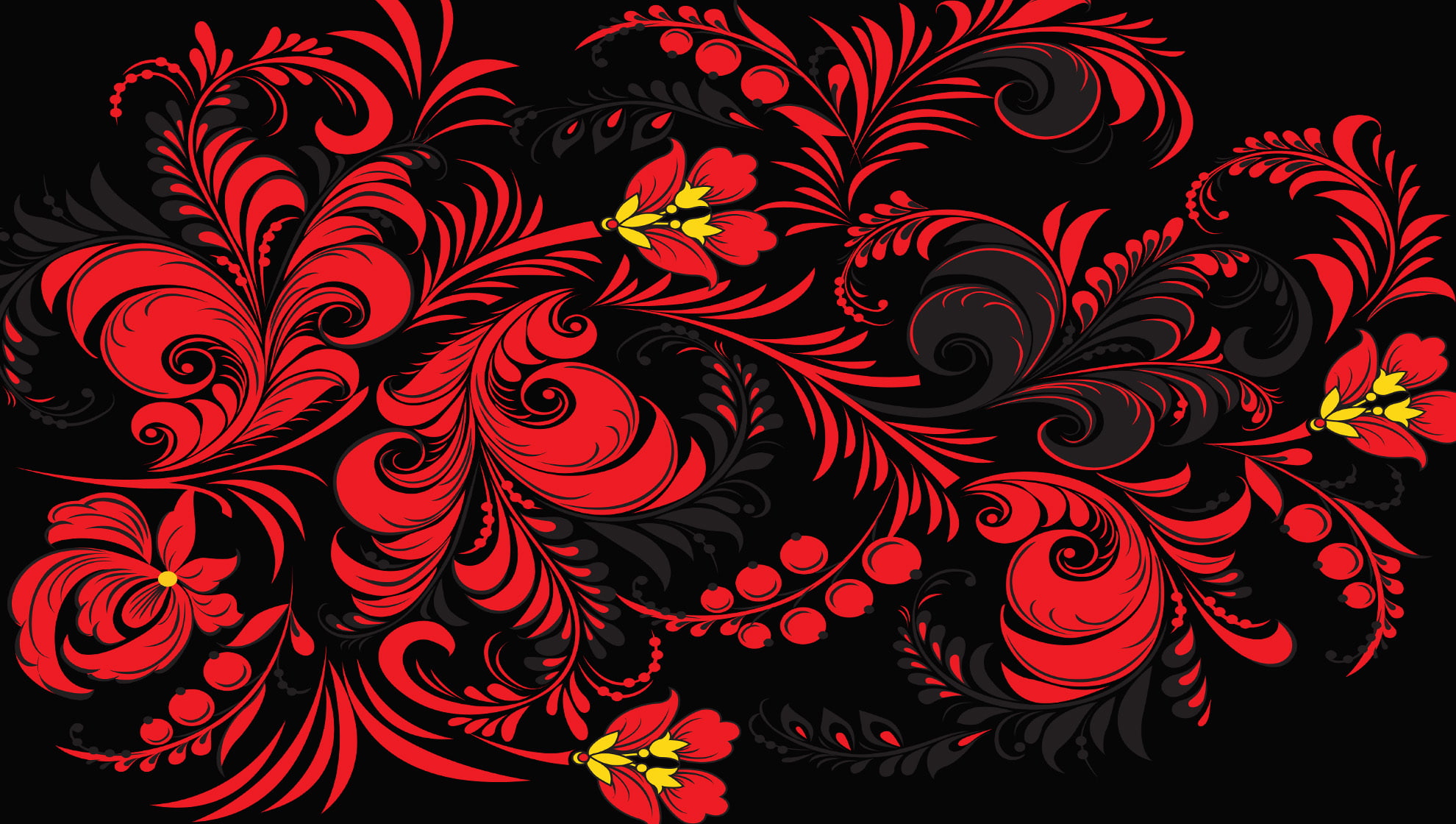 Khokhloma, Russia, red, 1080P, pattern, flowers, background, patterns, HD Wallpaper