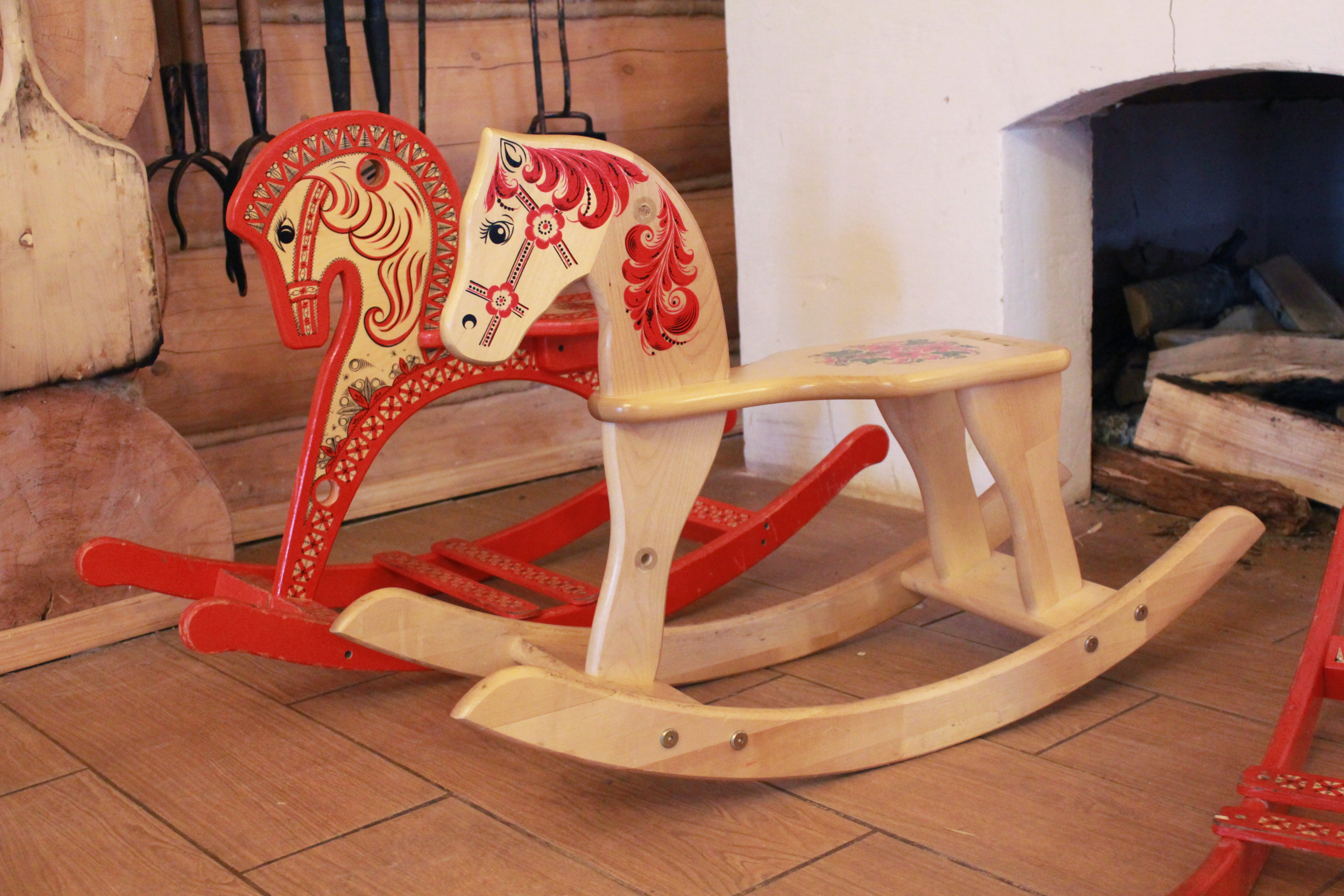 chair, no people, beside, seat, red, art and craft, table, shoe, still life, wood - material, indoors, horses, 5K, rocking horse, furniture, sandal, khokhloma, HD Wallpaper
