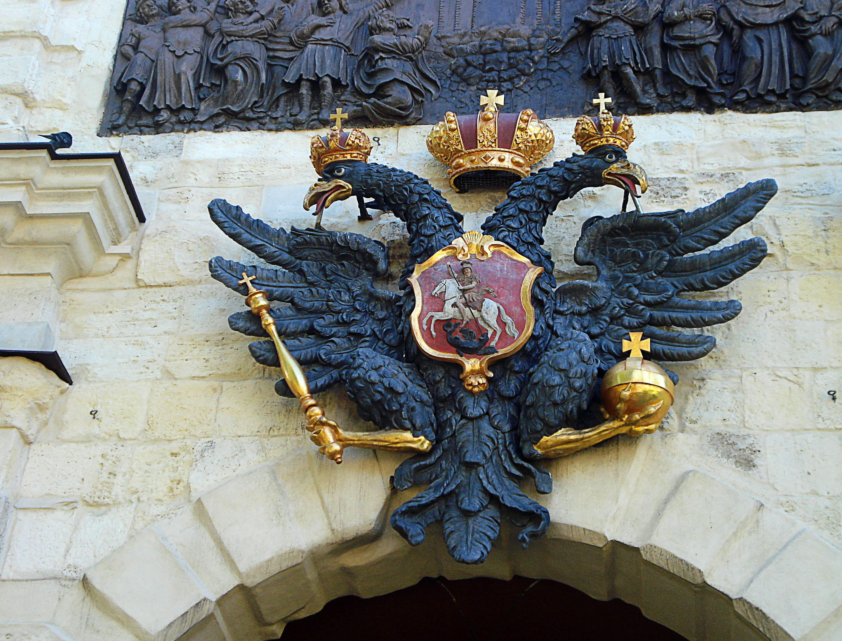 place of worship, building exterior, spirituality, history, russia, architecture, statue, russian coat of arms, ornate, art and craft, sculpture, creativity, HD Wallpaper